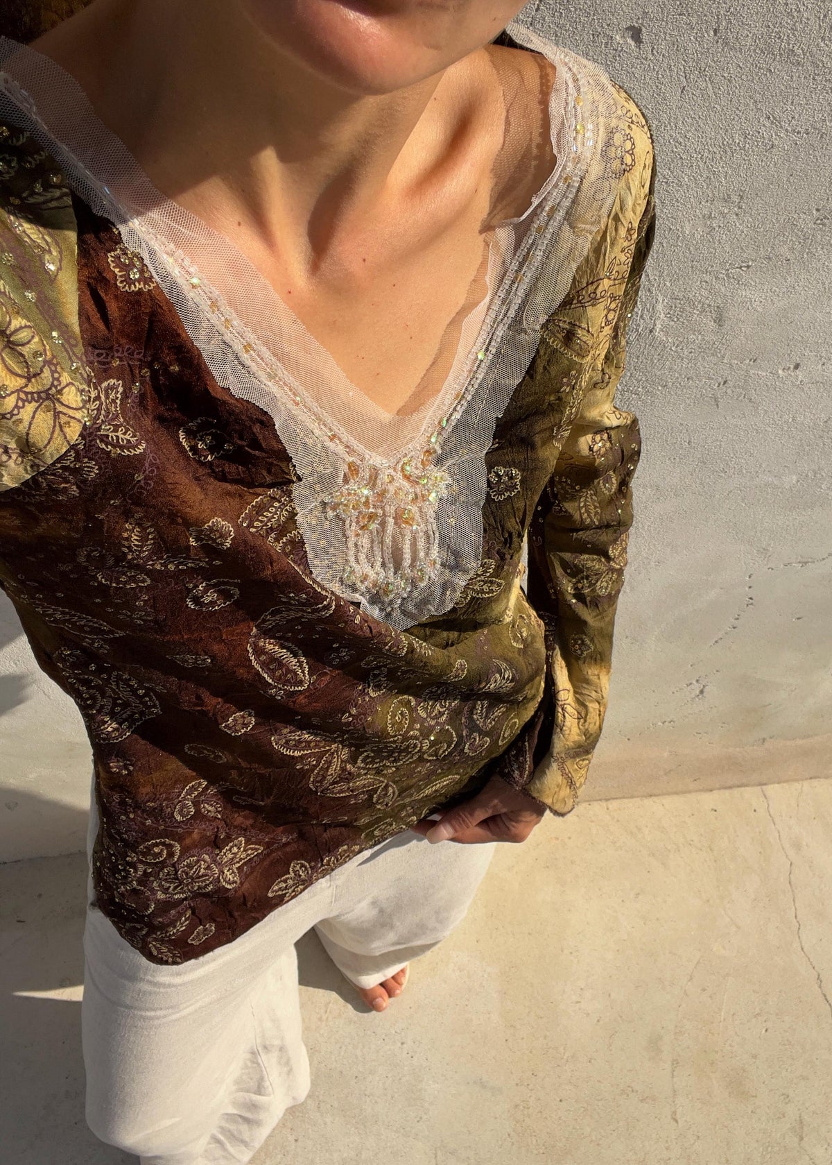 Blusa Vintage Y2K Boho Paisley con Paillettes