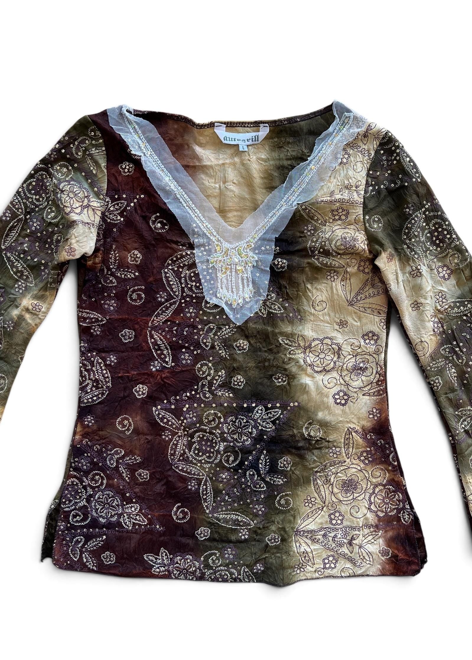 Blusa Vintage Y2K Boho Paisley con Paillettes