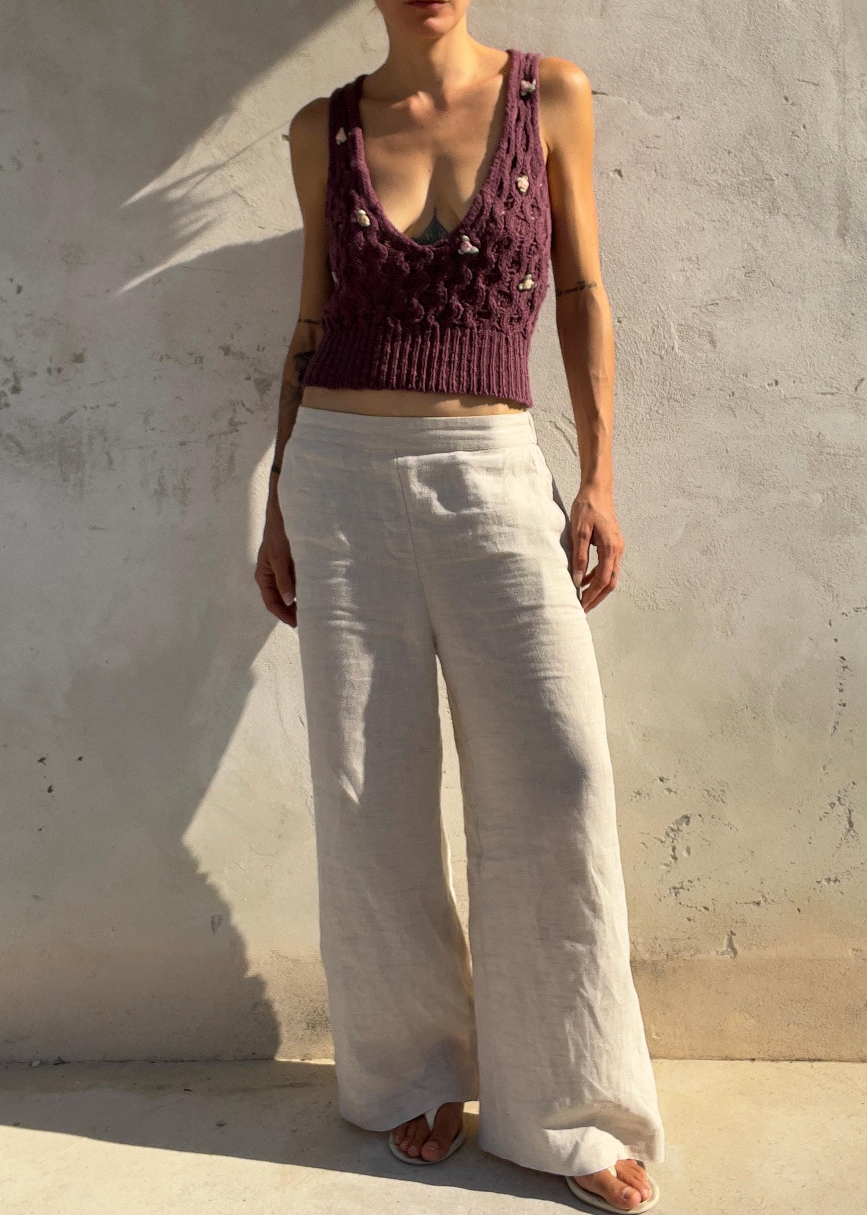 Top Vintage in Maglia Cotone Lino con Roselline