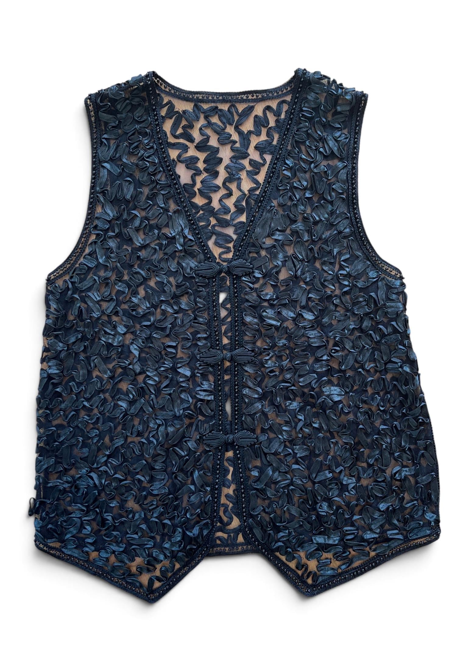 Gilet Vintage Nero in Tulle Trasparente Ricamato