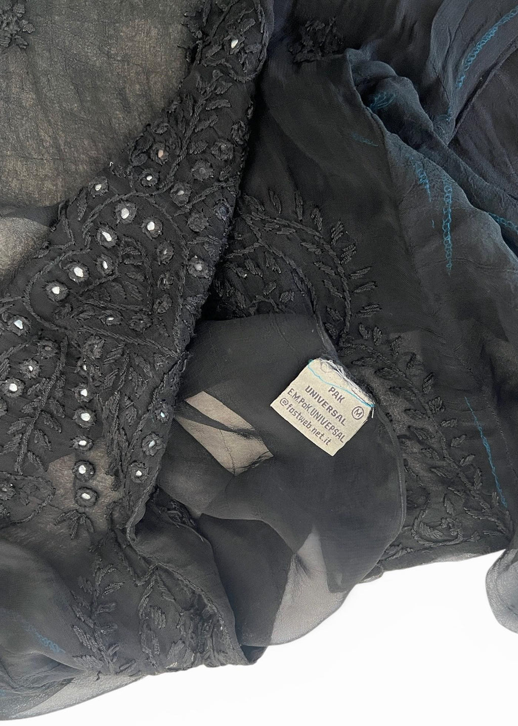 Kaftano Vintage Nero Sheer Ricamato con Perline