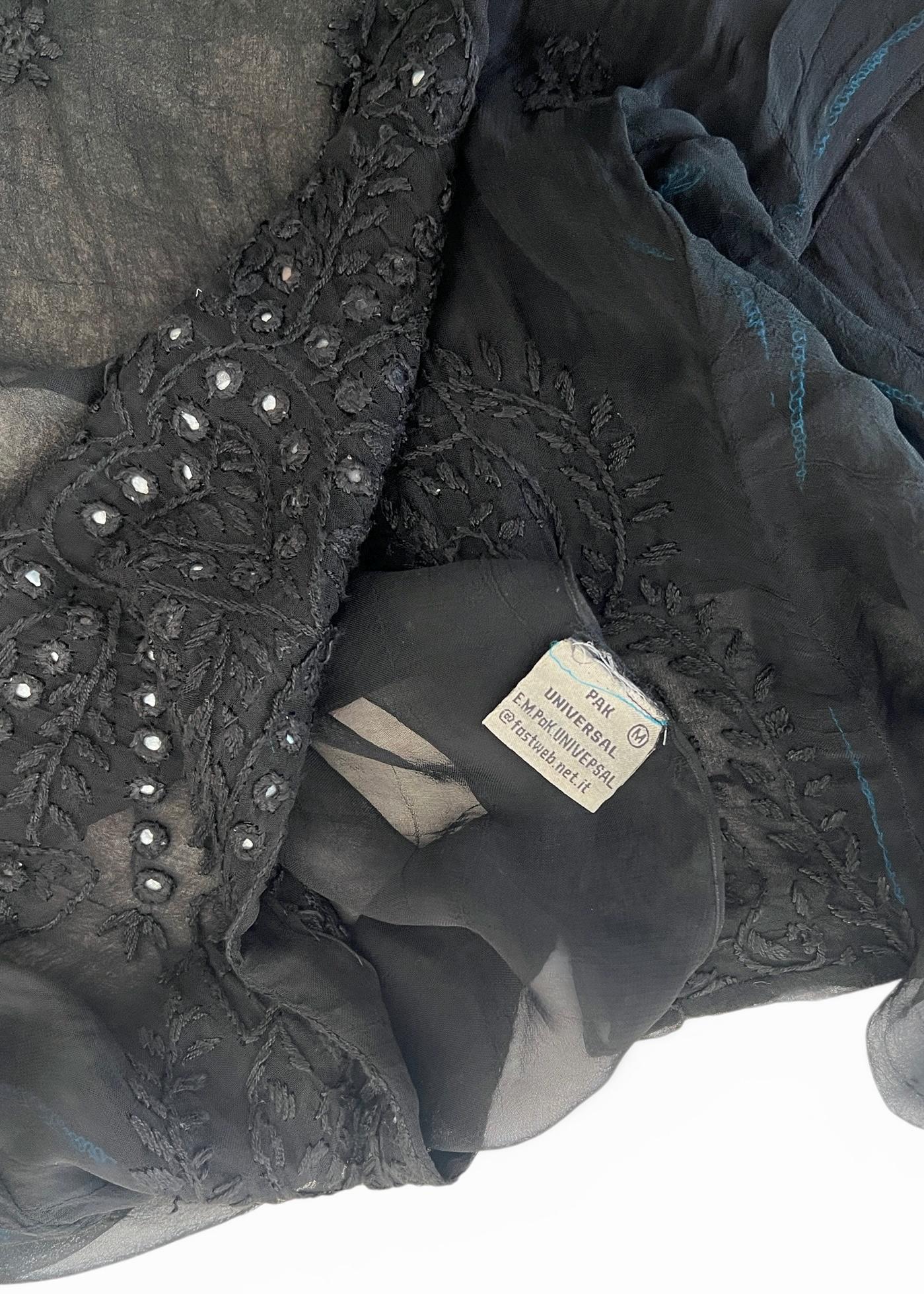 Kaftano Vintage Nero Sheer Ricamato con Perline