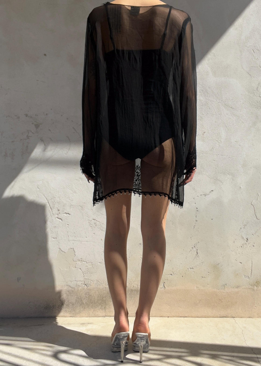 Kaftano Vintage Nero Sheer Ricamato con Perline