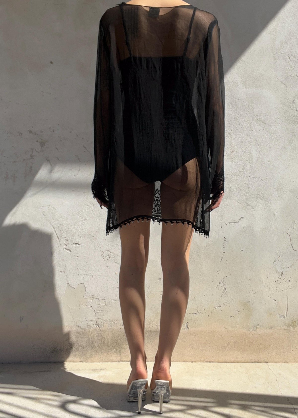 Kaftano Vintage Nero Sheer Ricamato con Perline