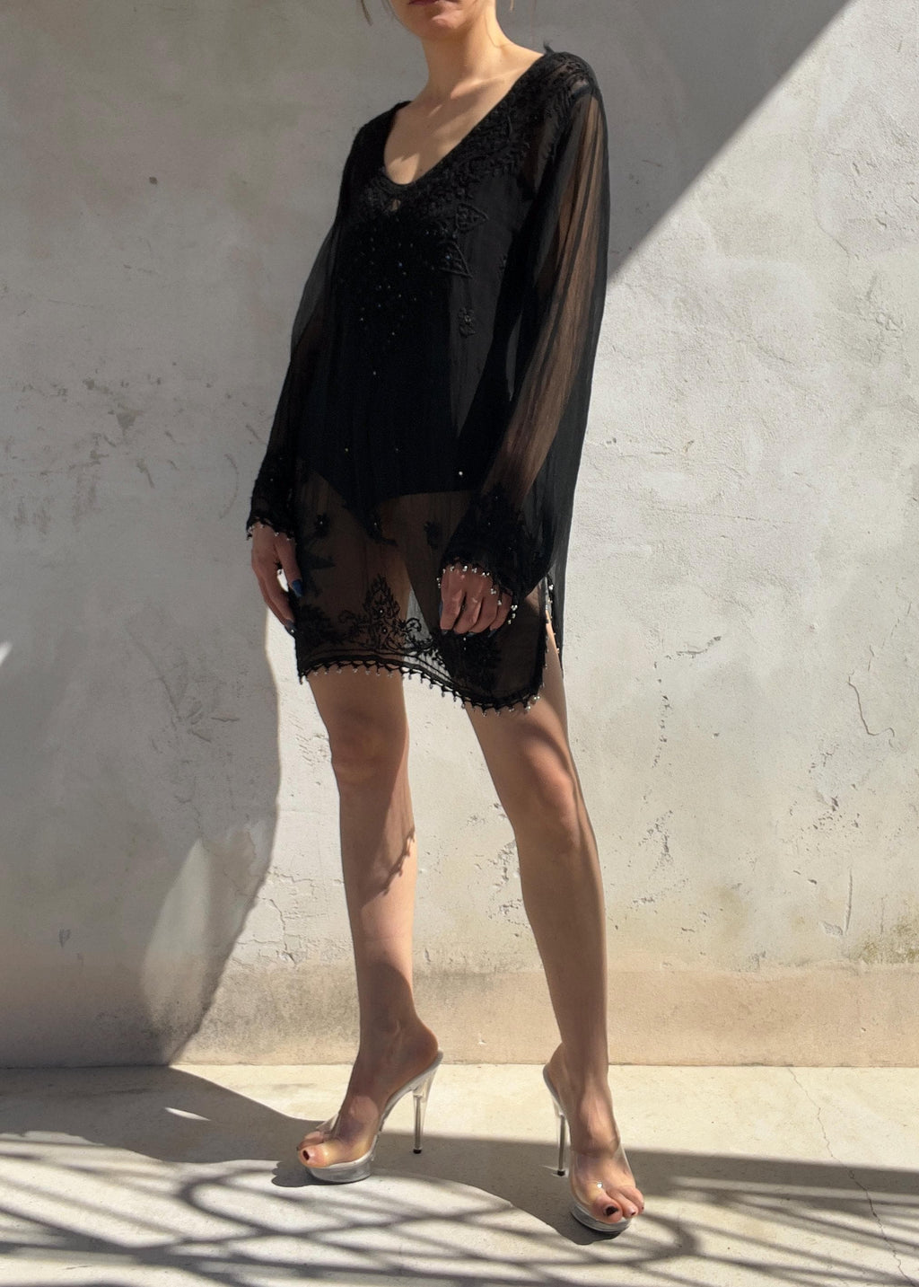 Kaftano Vintage Nero Sheer Ricamato con Perline