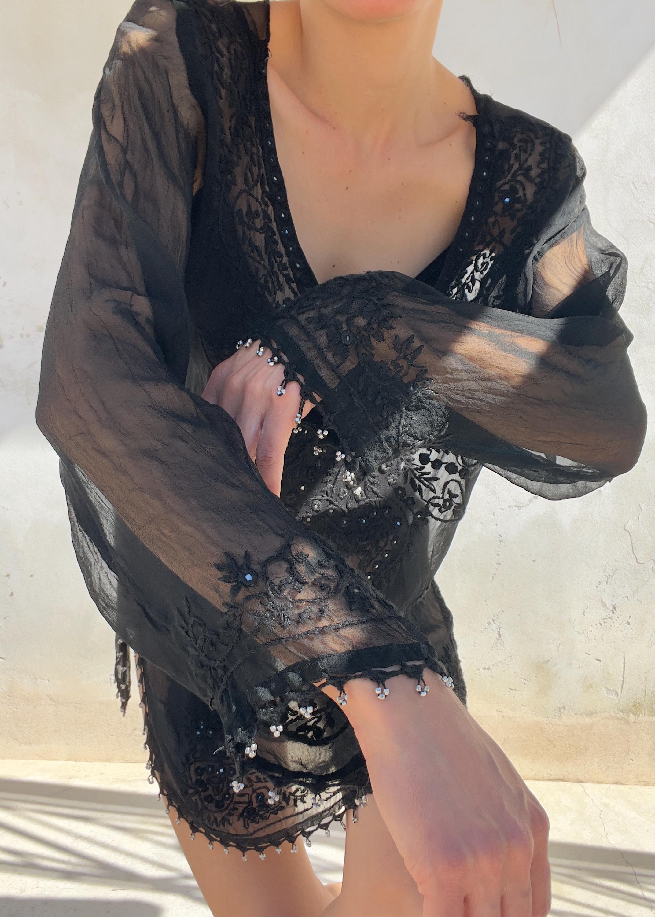 Kaftano Vintage Nero Sheer Ricamato con Perline