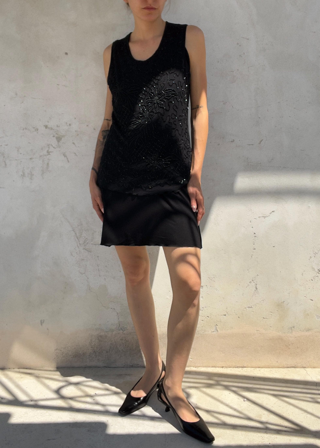 Top Vintage Y2K Nero in Mesh con Microperline