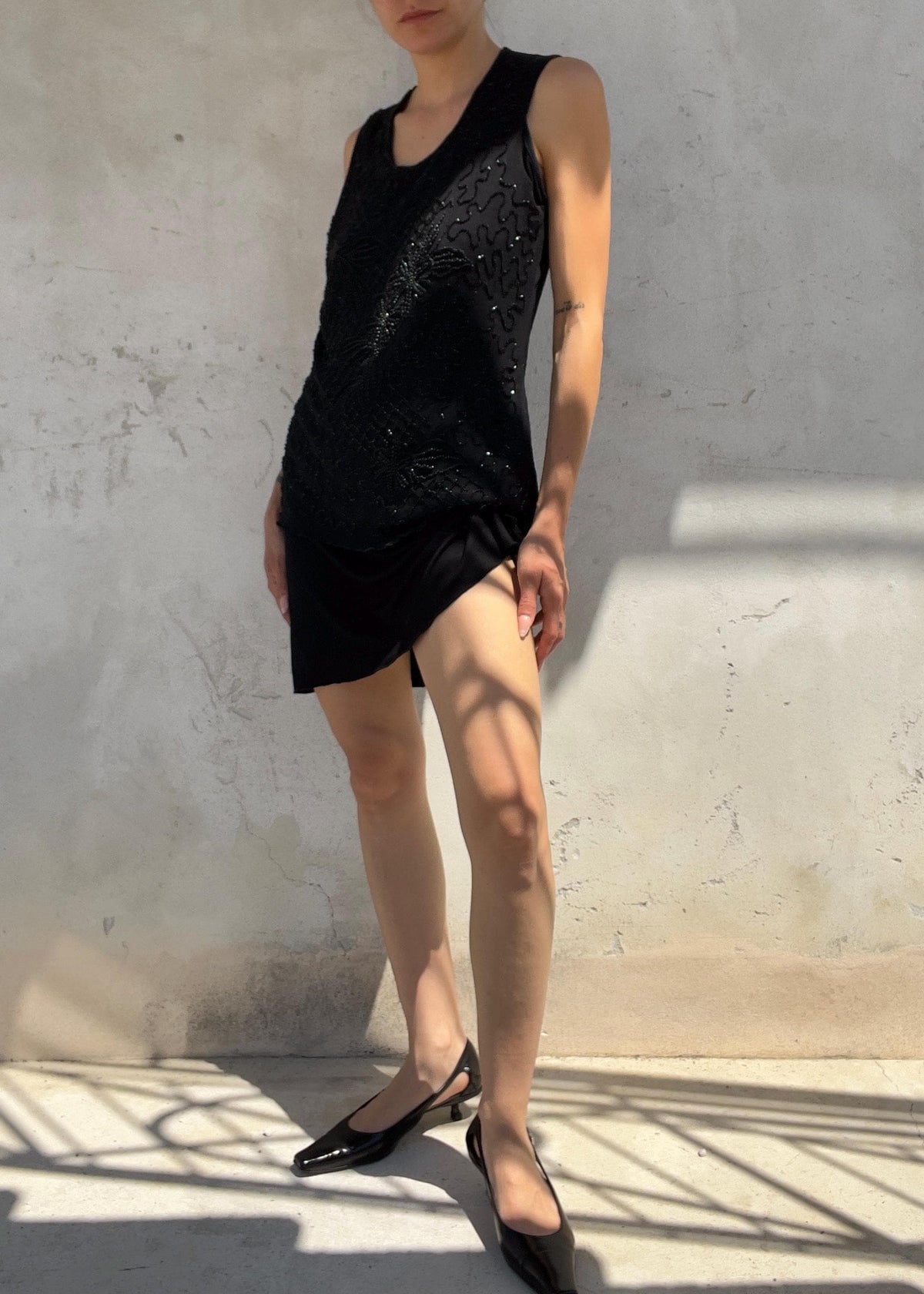 Top Vintage Y2K Nero in Mesh con Microperline