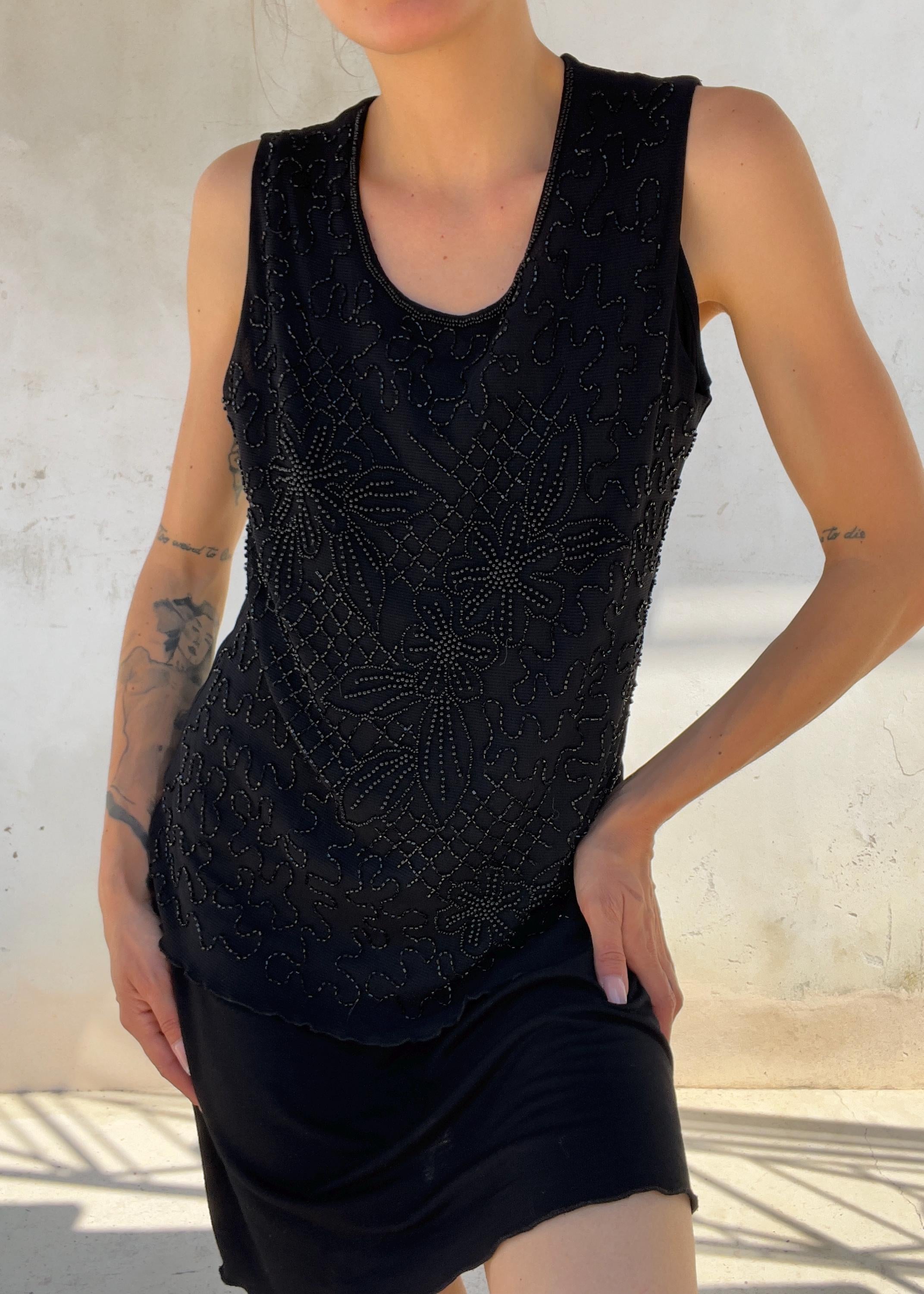 Top Vintage Y2K Nero in Mesh con Microperline