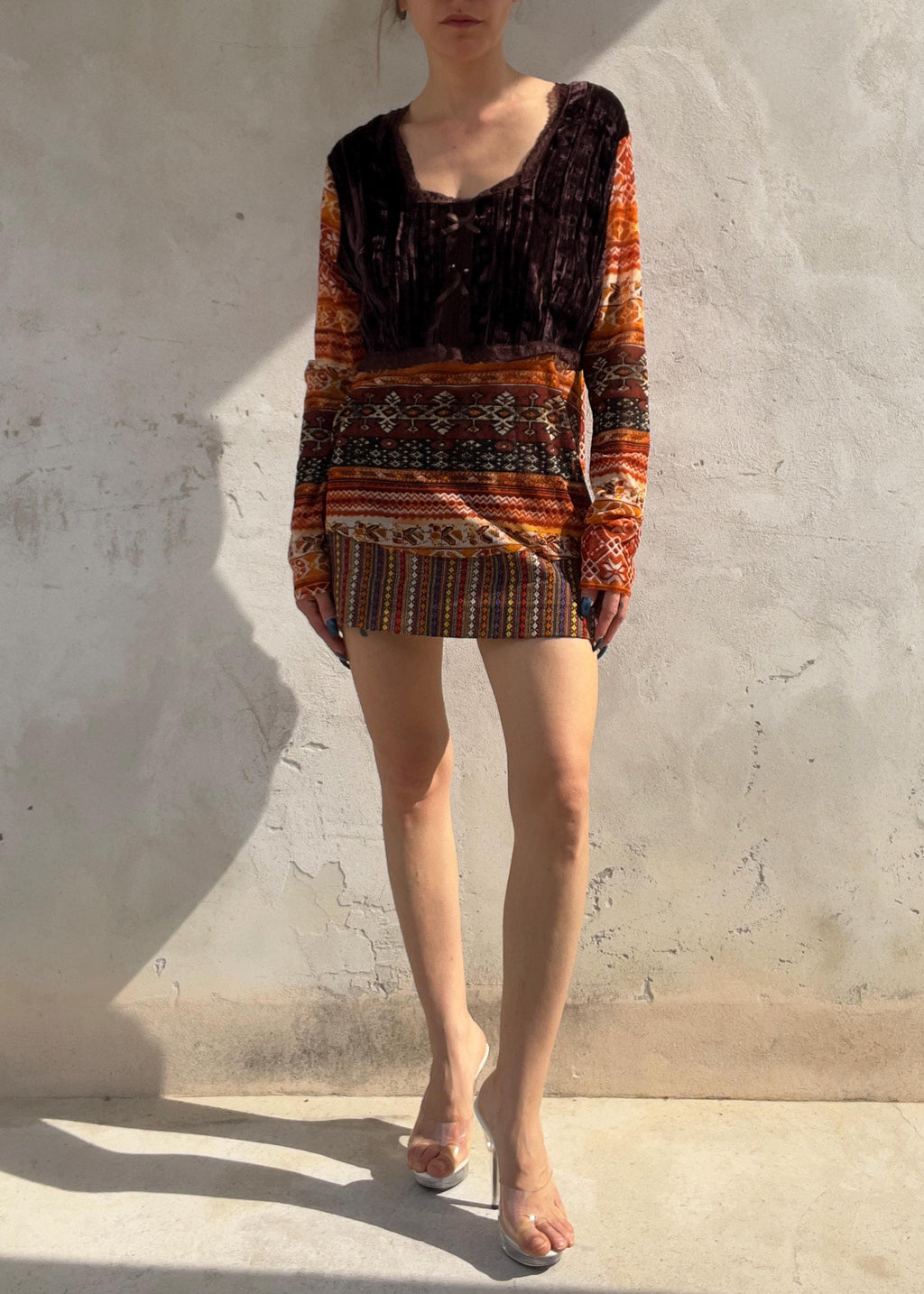 Top Vintage Y2K in Mesh con Velluto Marrone