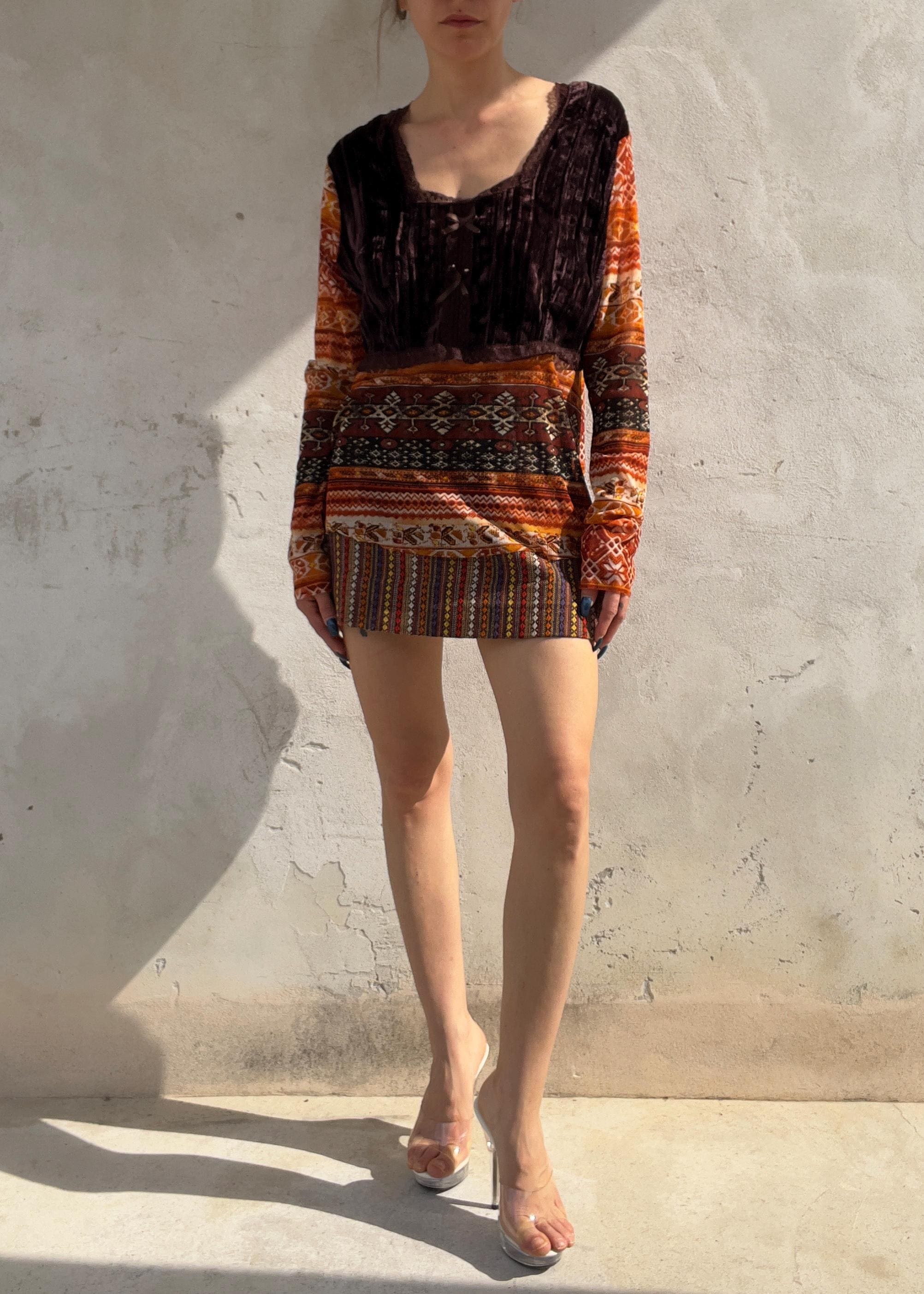 Top Vintage Y2K in Mesh con Velluto Marrone
