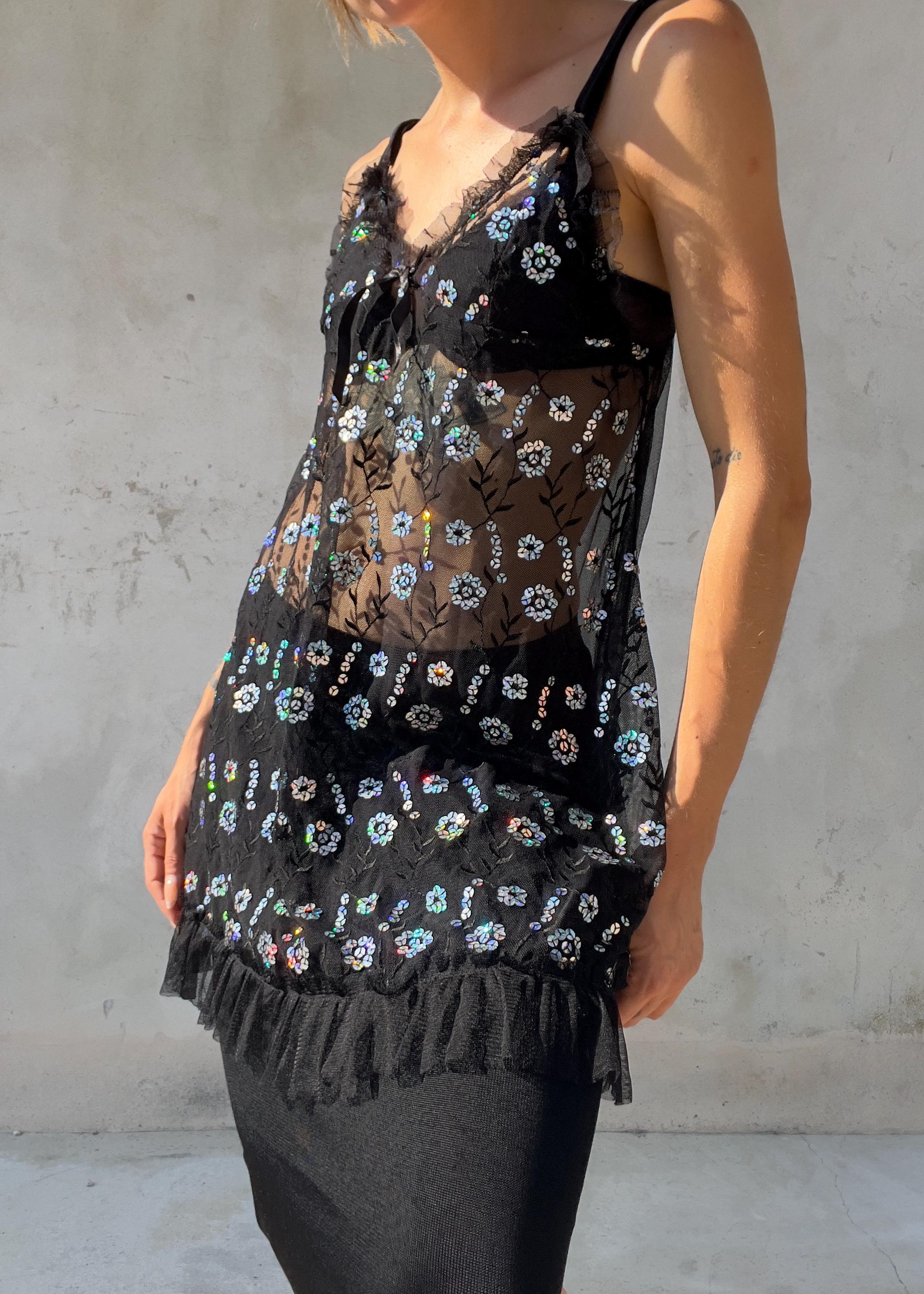 Babydoll Vintage Y2K in Tulle Nero con Paillettes