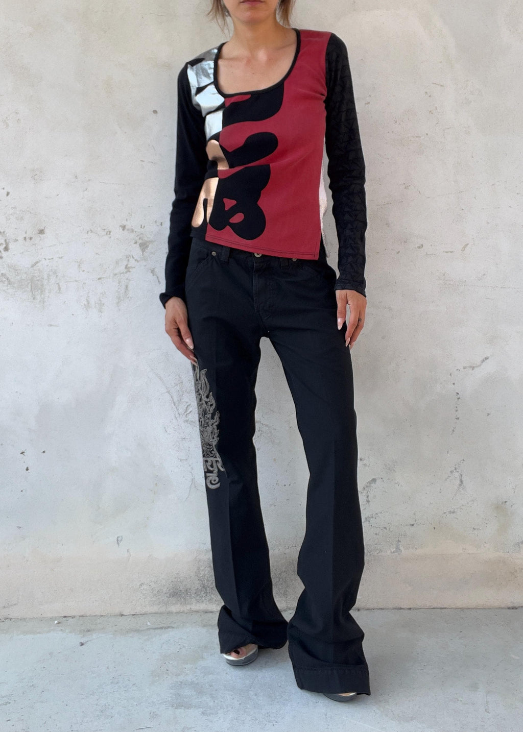 Pantaloni Casucci Vintage Y2K Neri con Ricamo Orientale