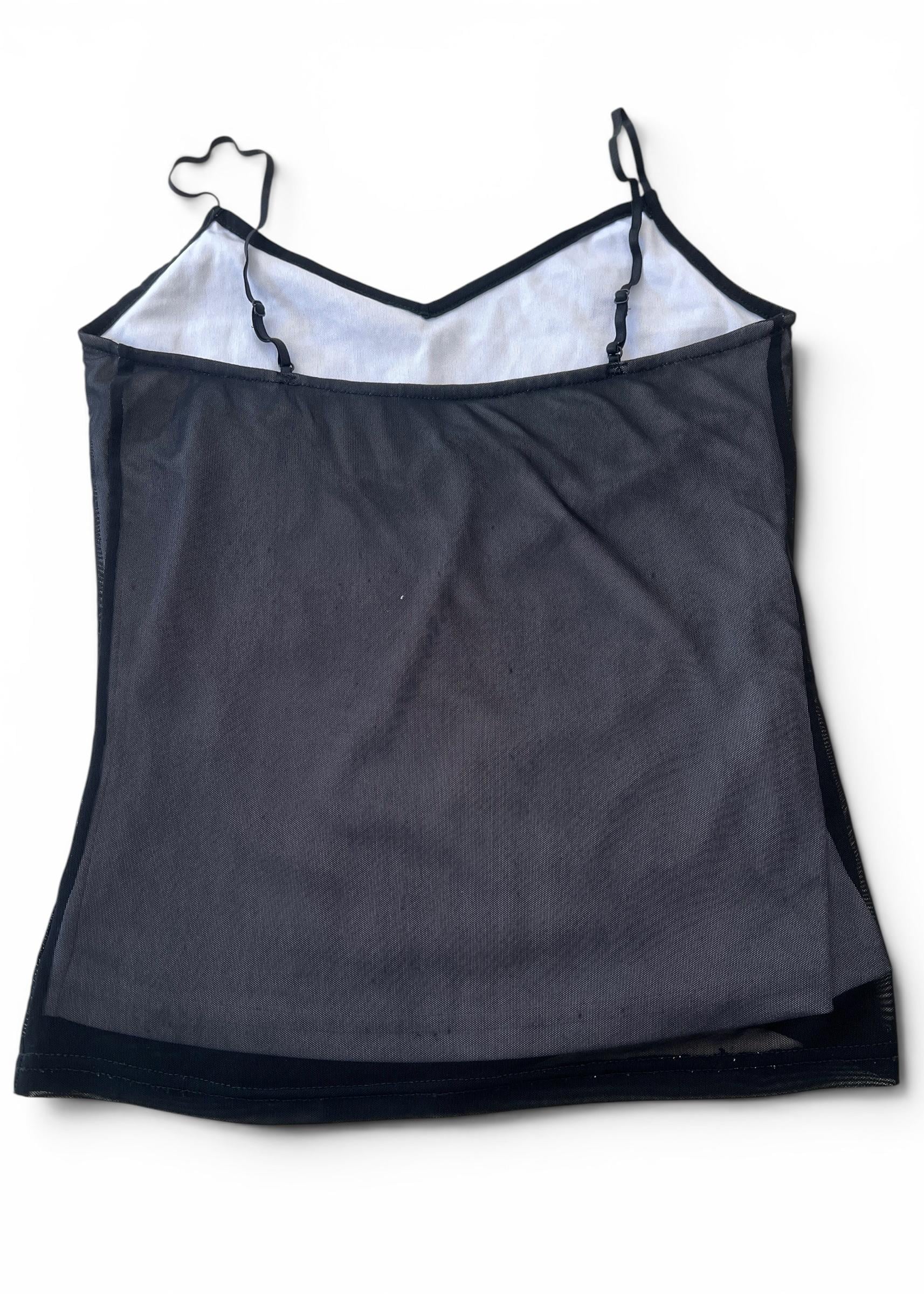 Top Vintage Y2K in Tulle Nero con Paillettes Floreali