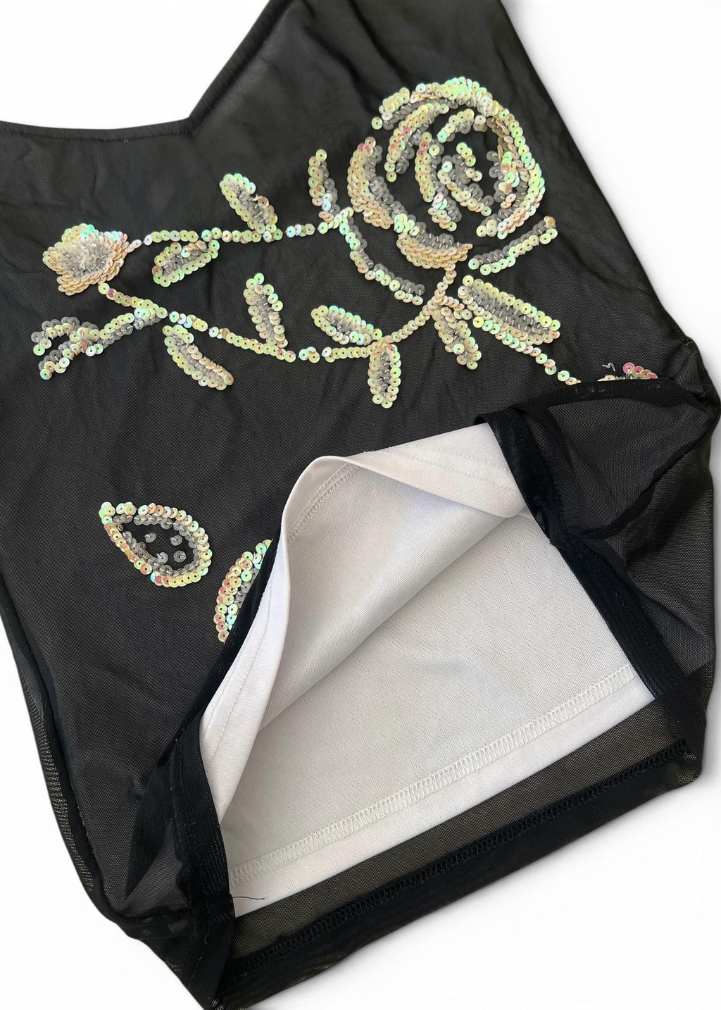 Top Vintage Y2K in Tulle Nero con Paillettes Floreali