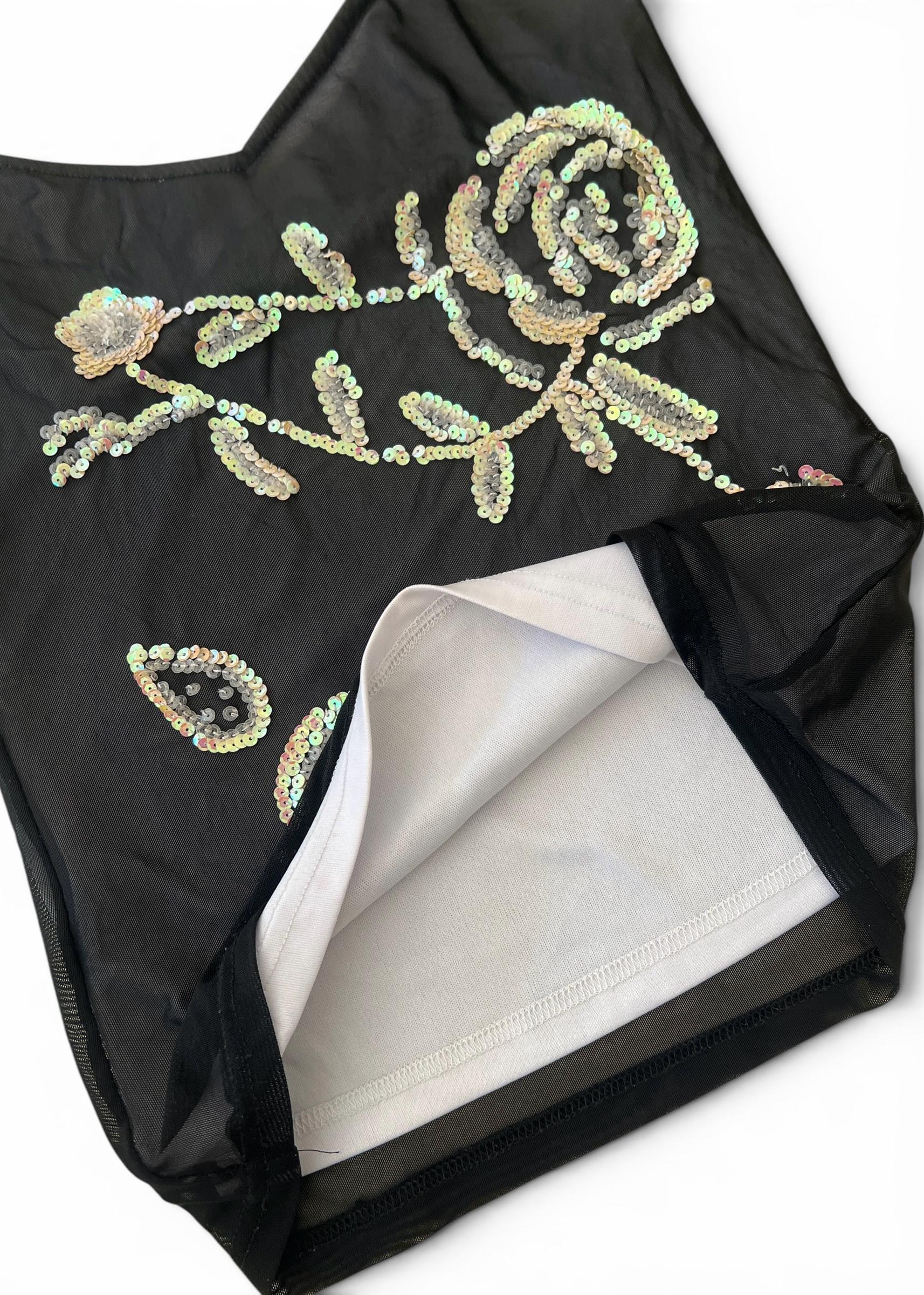 Top Vintage Y2K in Tulle Nero con Paillettes Floreali