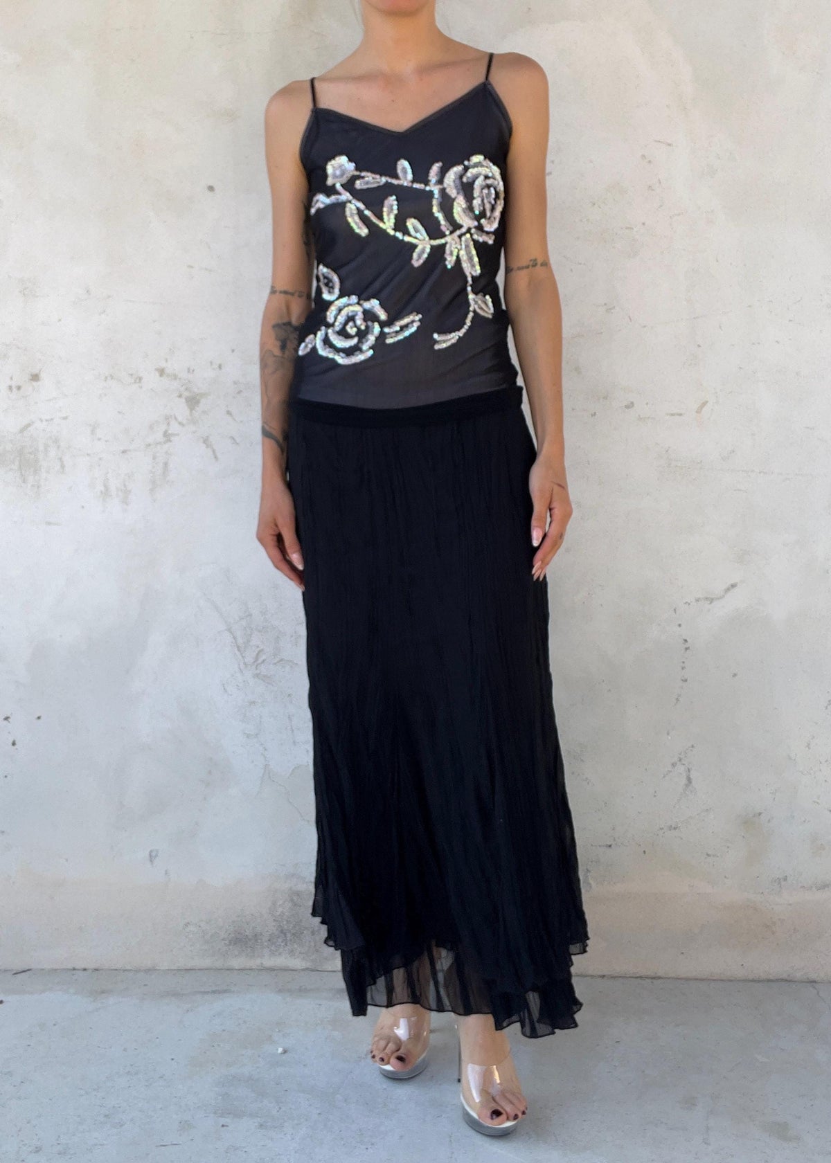 Top Vintage Y2K in Tulle Nero con Paillettes Floreali