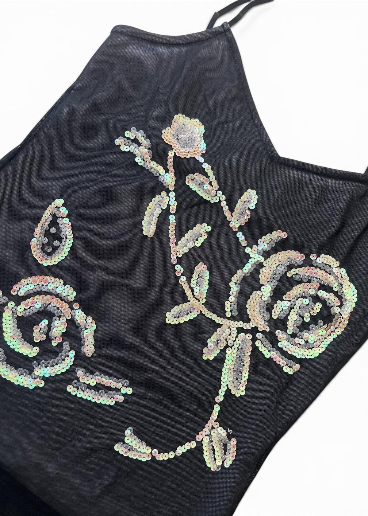 Top Vintage Y2K in Tulle Nero con Paillettes Floreali