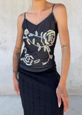 Top Vintage Y2K in Tulle Nero con Paillettes Floreali