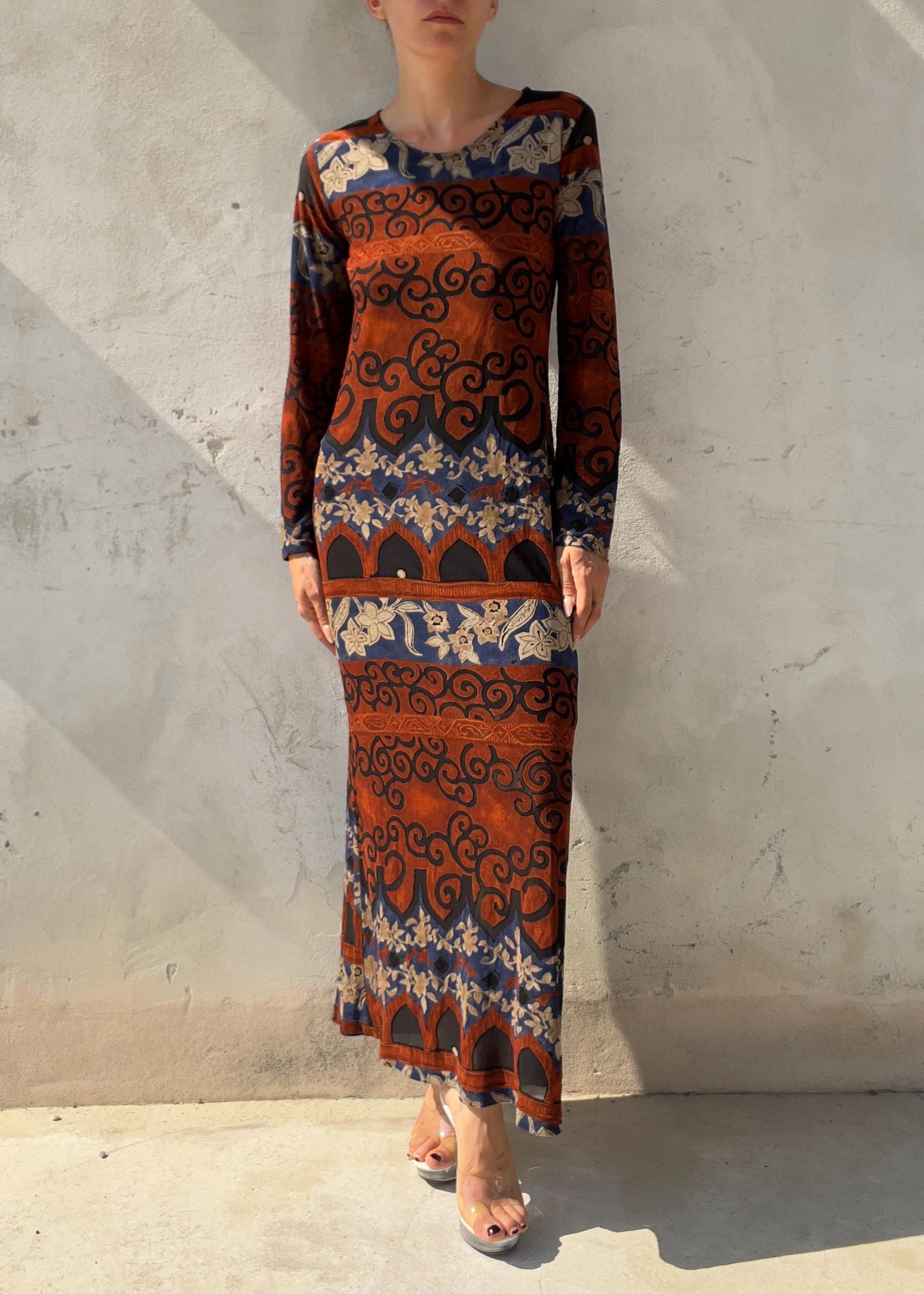 Abito Vintage Y2K Lungo con Stampa Ornamentale