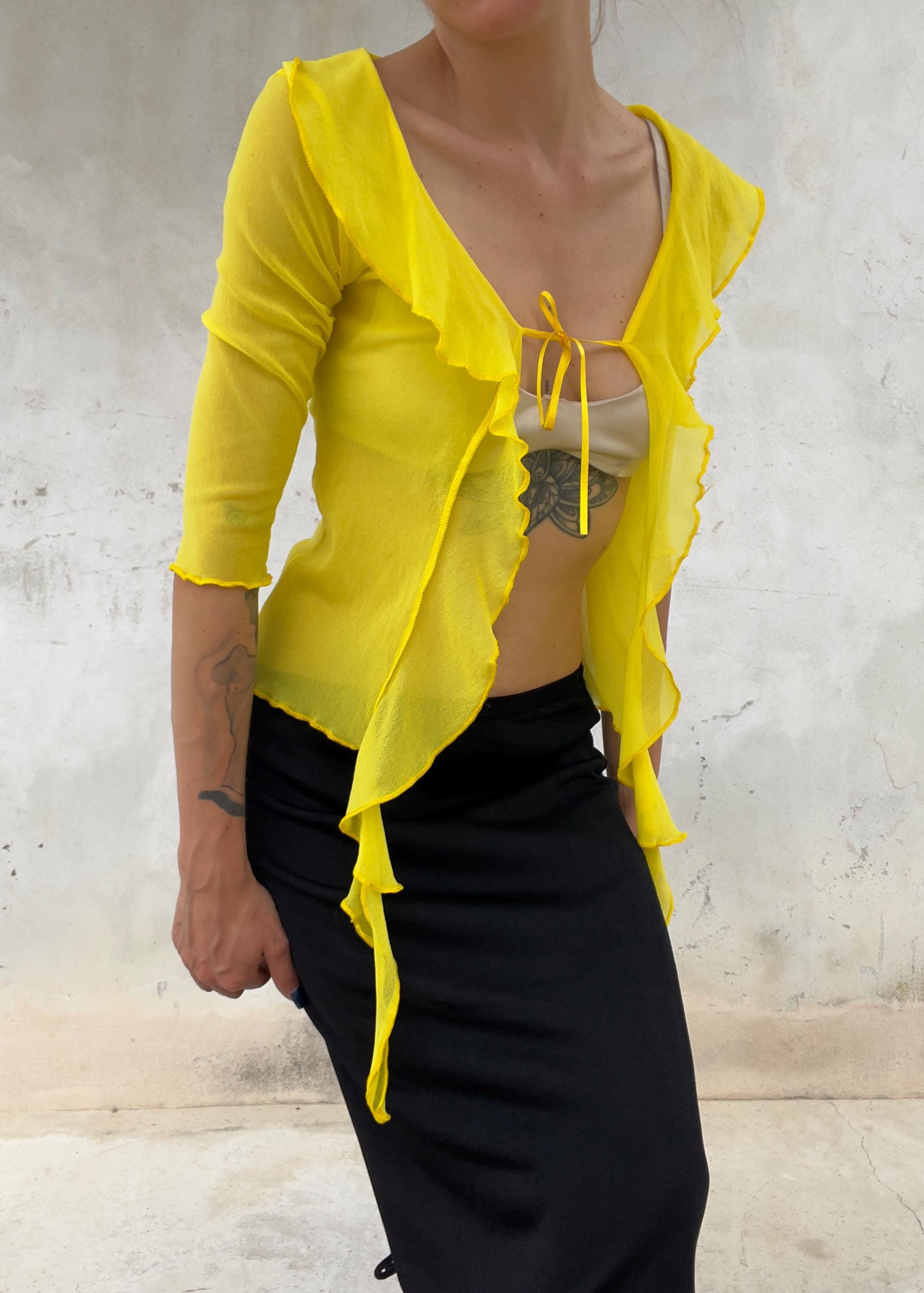 Bolero Top Vintage Y2K Giallo Sheer con Ruches