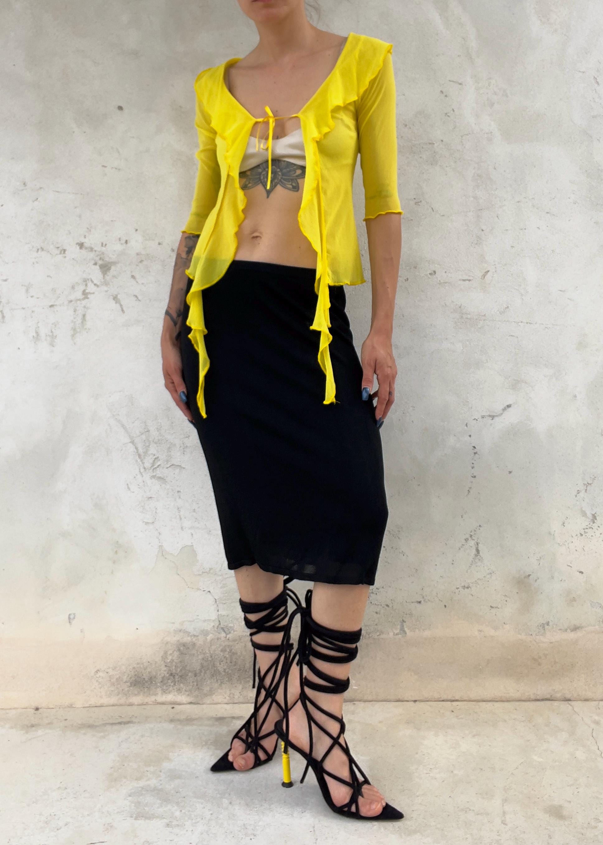 Bolero Top Vintage Y2K Giallo Sheer con Ruches