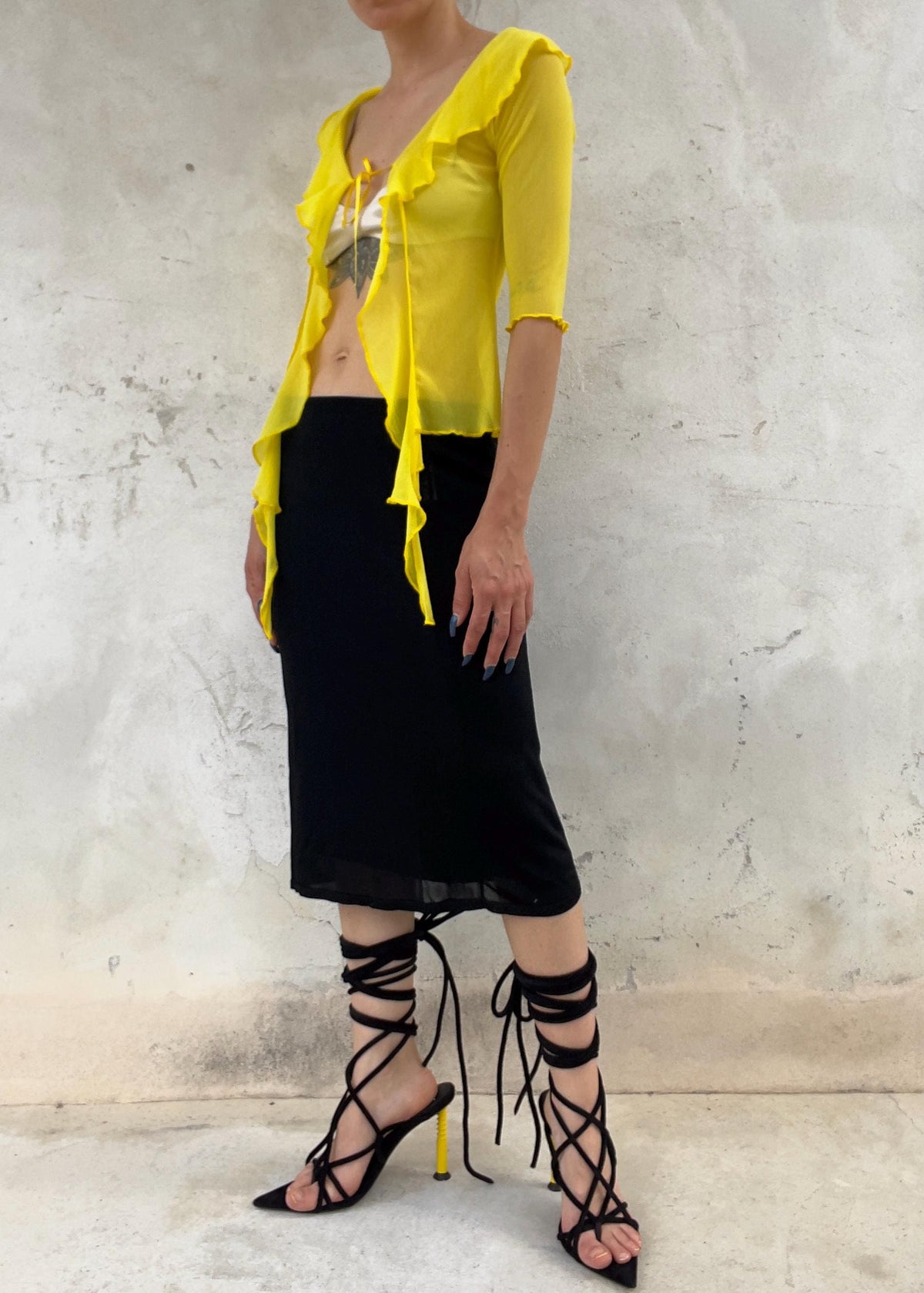 Bolero Top Vintage Y2K Giallo Sheer con Ruches