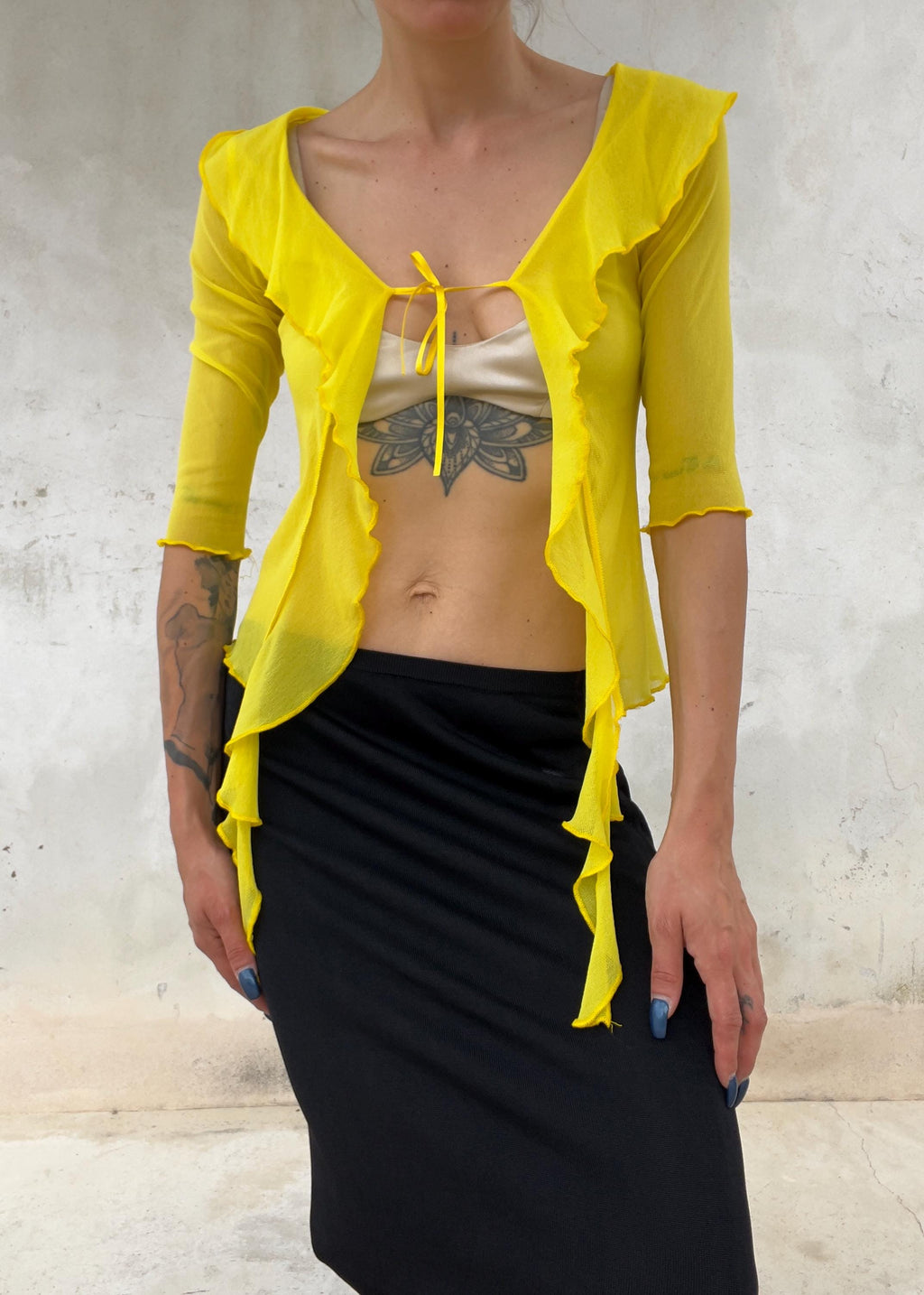 Bolero Top Vintage Y2K Giallo Sheer con Ruches