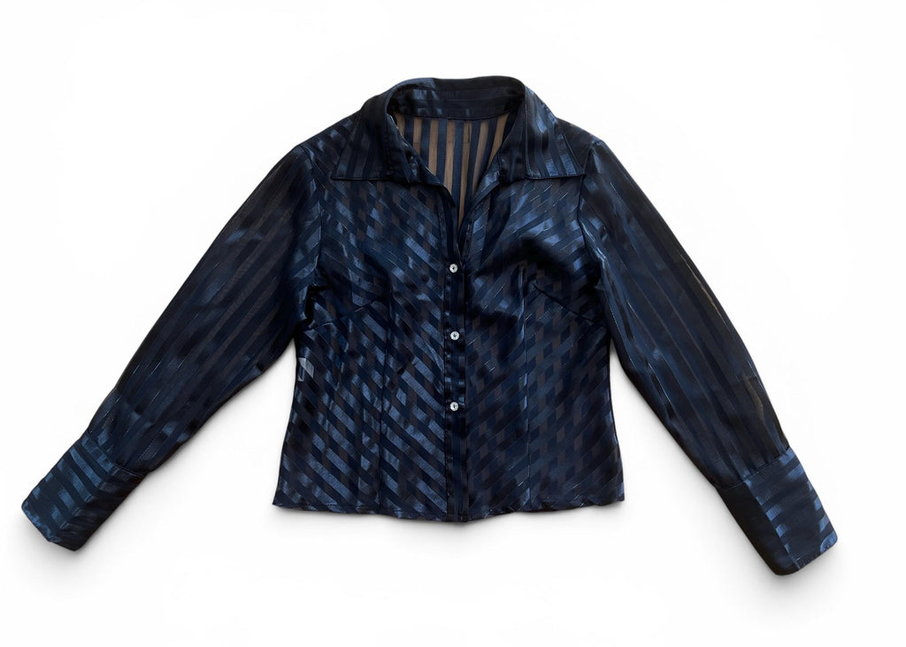Camicia Vintage Y2K Sheer Nera a Righe Satinate