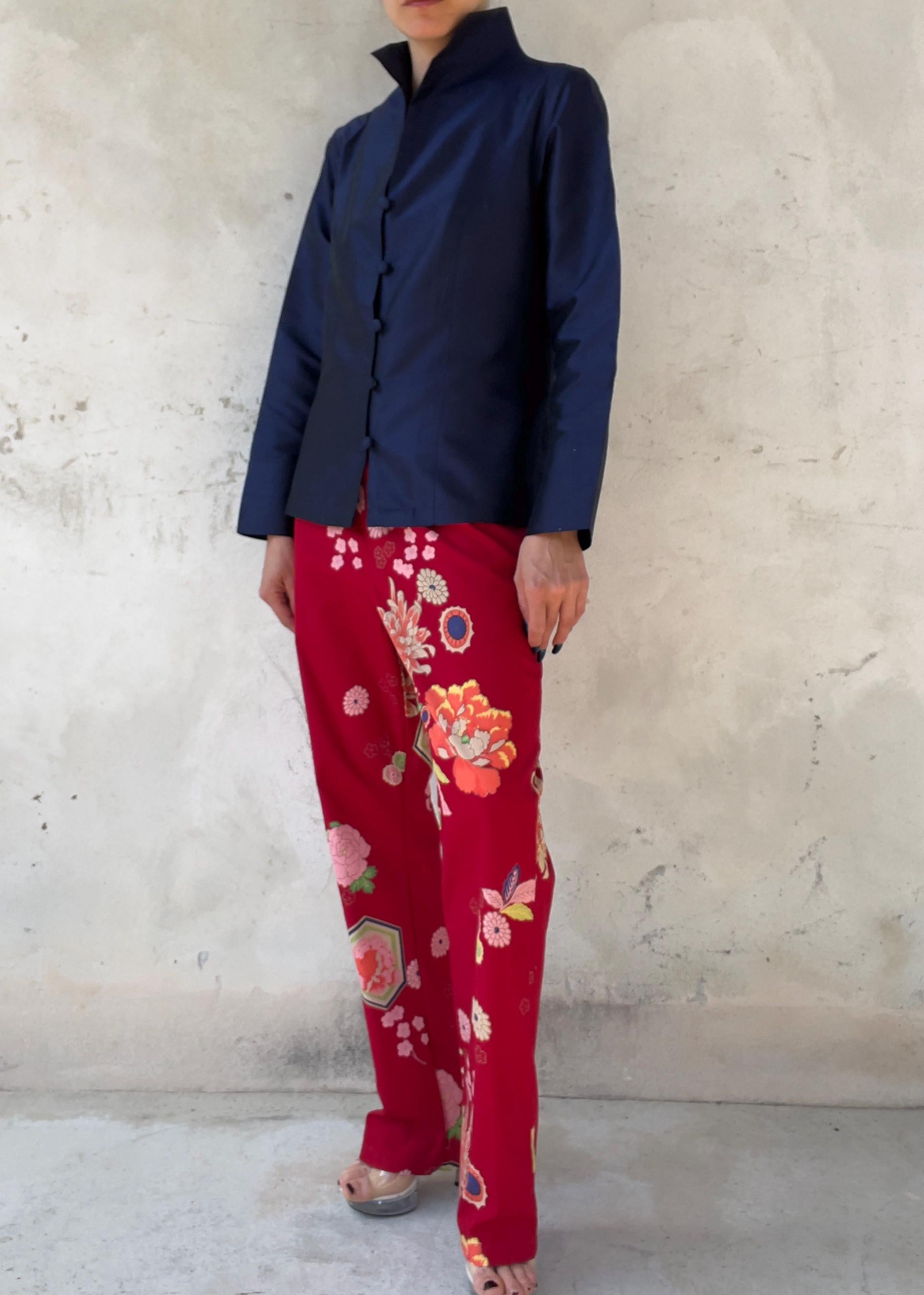 Camicia Vintage in Seta Blu Navy Stile Orientale