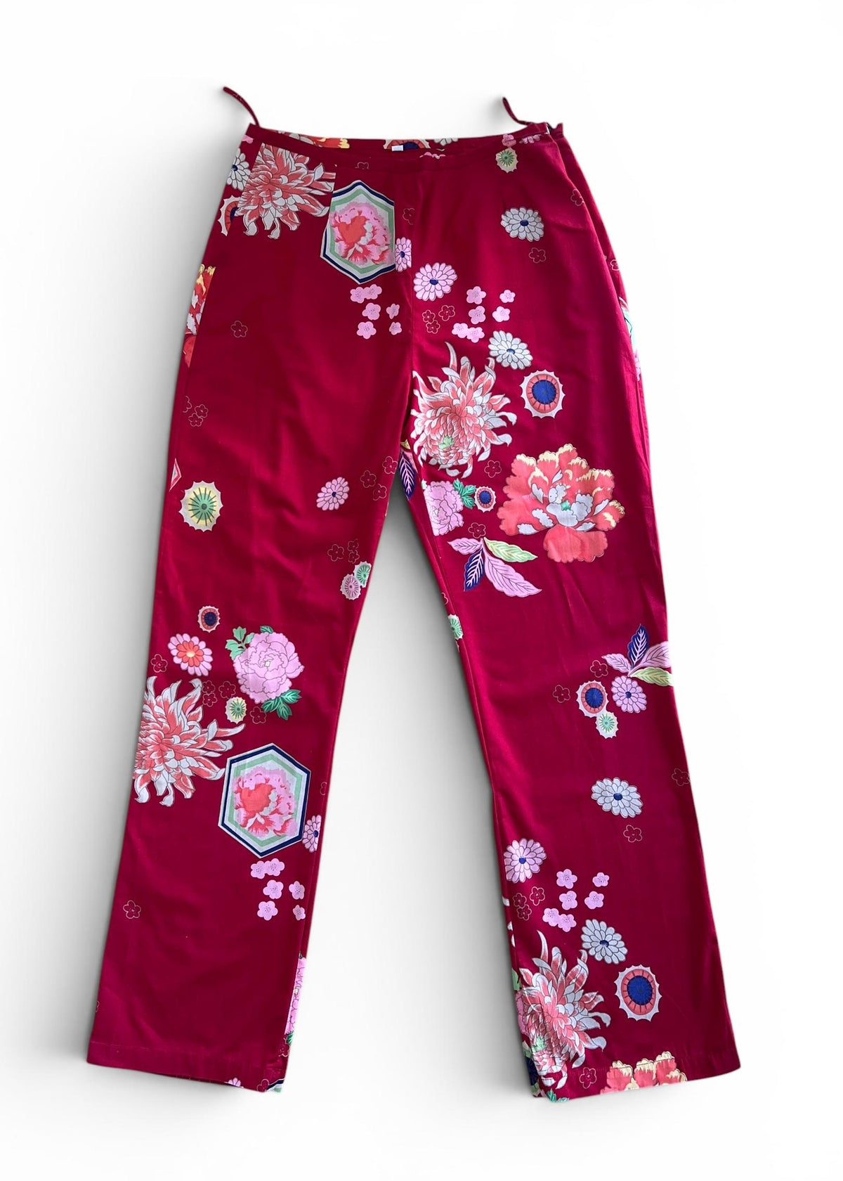Pantaloni Vintage Y2K Rossi a Fiori Giapponesi