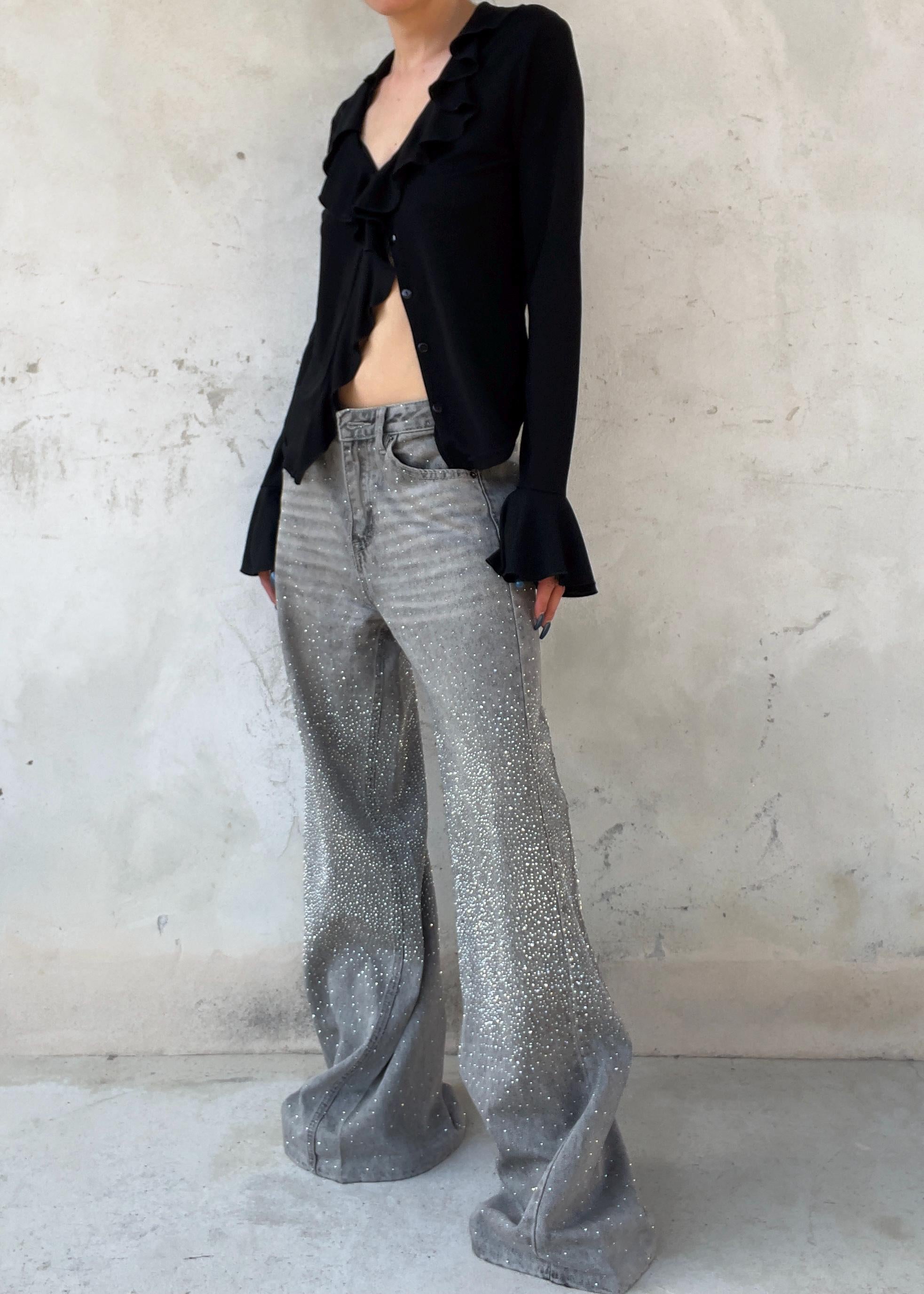 Jeans Crystal Y2K Grigi con Strass
