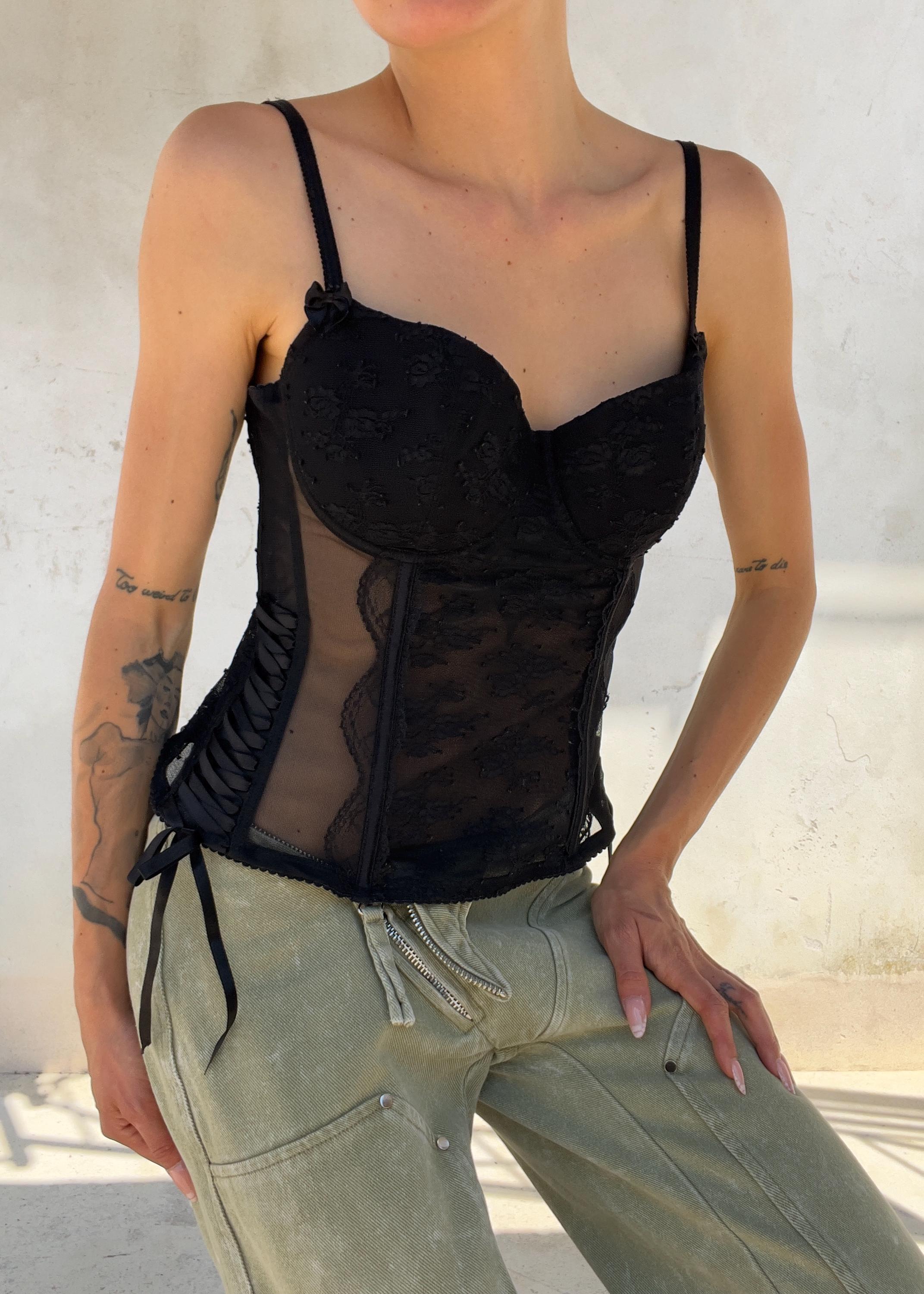 Top Corsetto Vintage Y2K Nero in Pizzo e Mesh Trasparente
