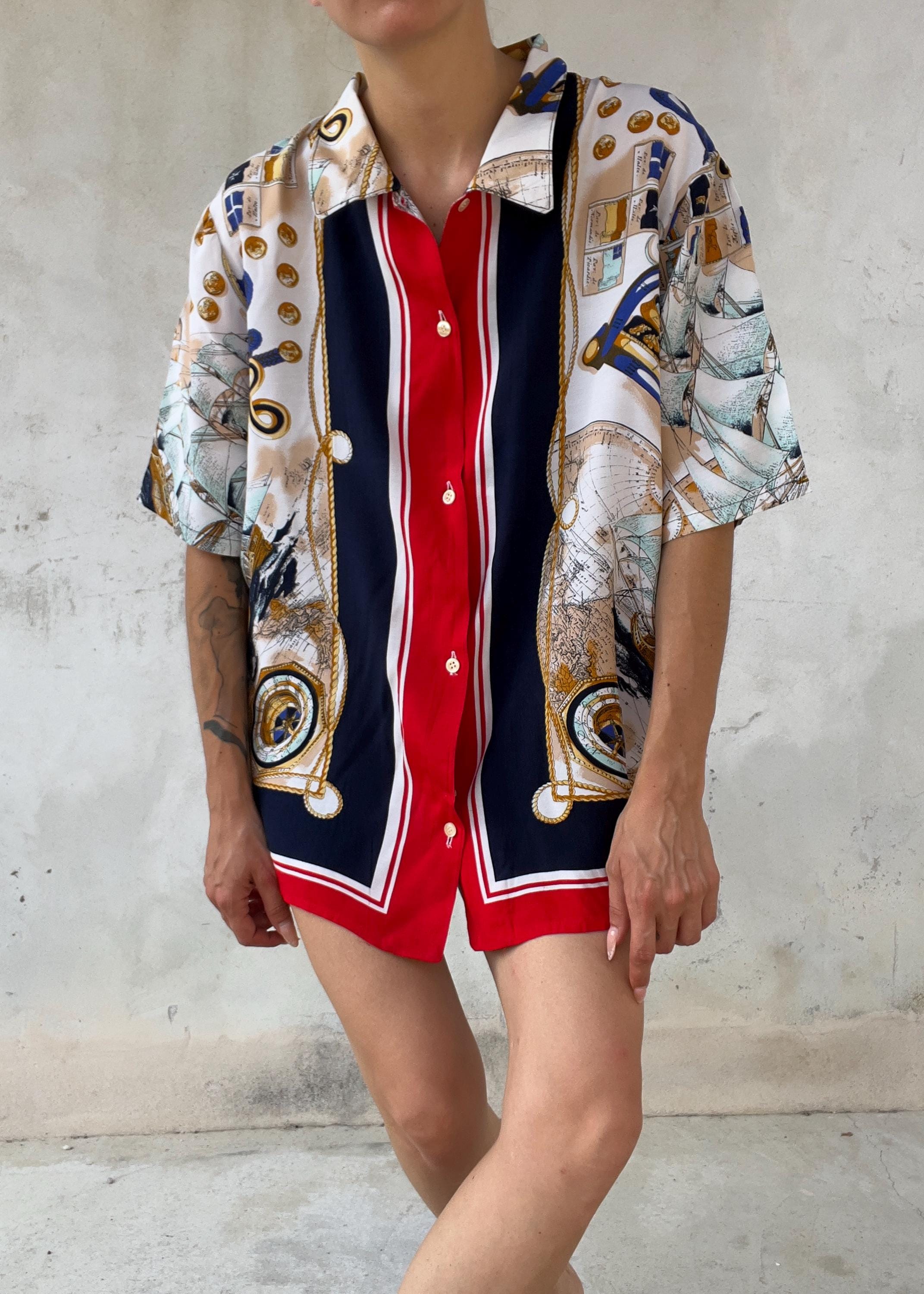 Camicia Vintage 90s Stampa Nautica Scarf Print