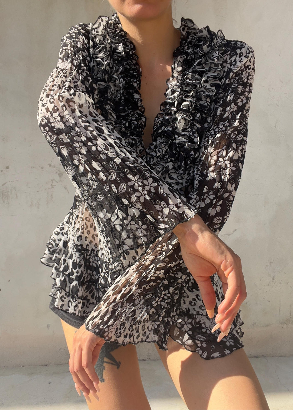 Camicia Vintage Y2K Animalier e Floreale con Ruches
