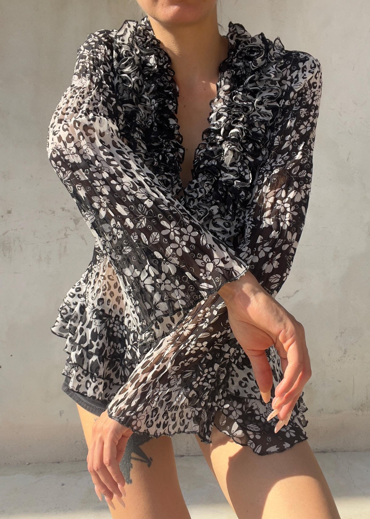Camicia Vintage Y2K Animalier e Floreale con Ruches