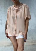 Camicia Vintage in Pura Seta Rosa Cipria con Ricami Floreali