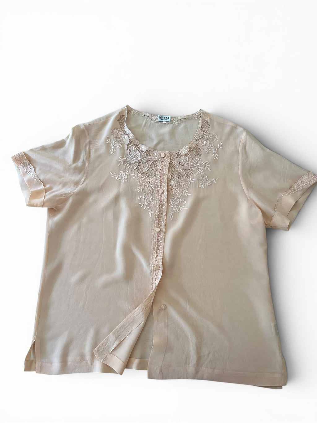 Camicia Vintage in Pura Seta Rosa Cipria con Ricami Floreali