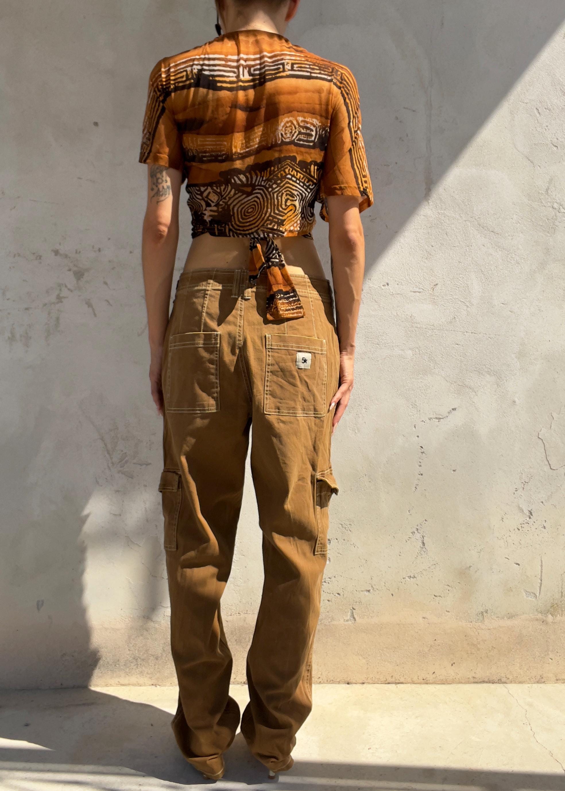 Pantaloni Cargo Vintage Y2K Marrone Caramello in Cotone
