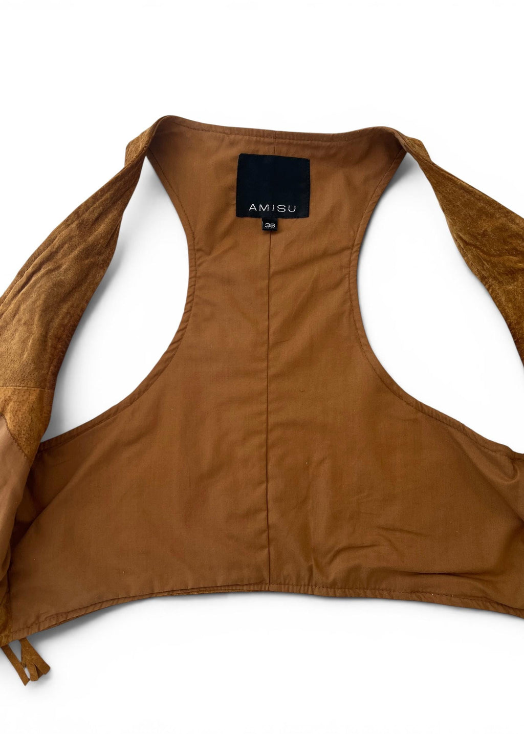 Gilet Vintage Y2K in Pelle Scamosciata Marrone con Frange