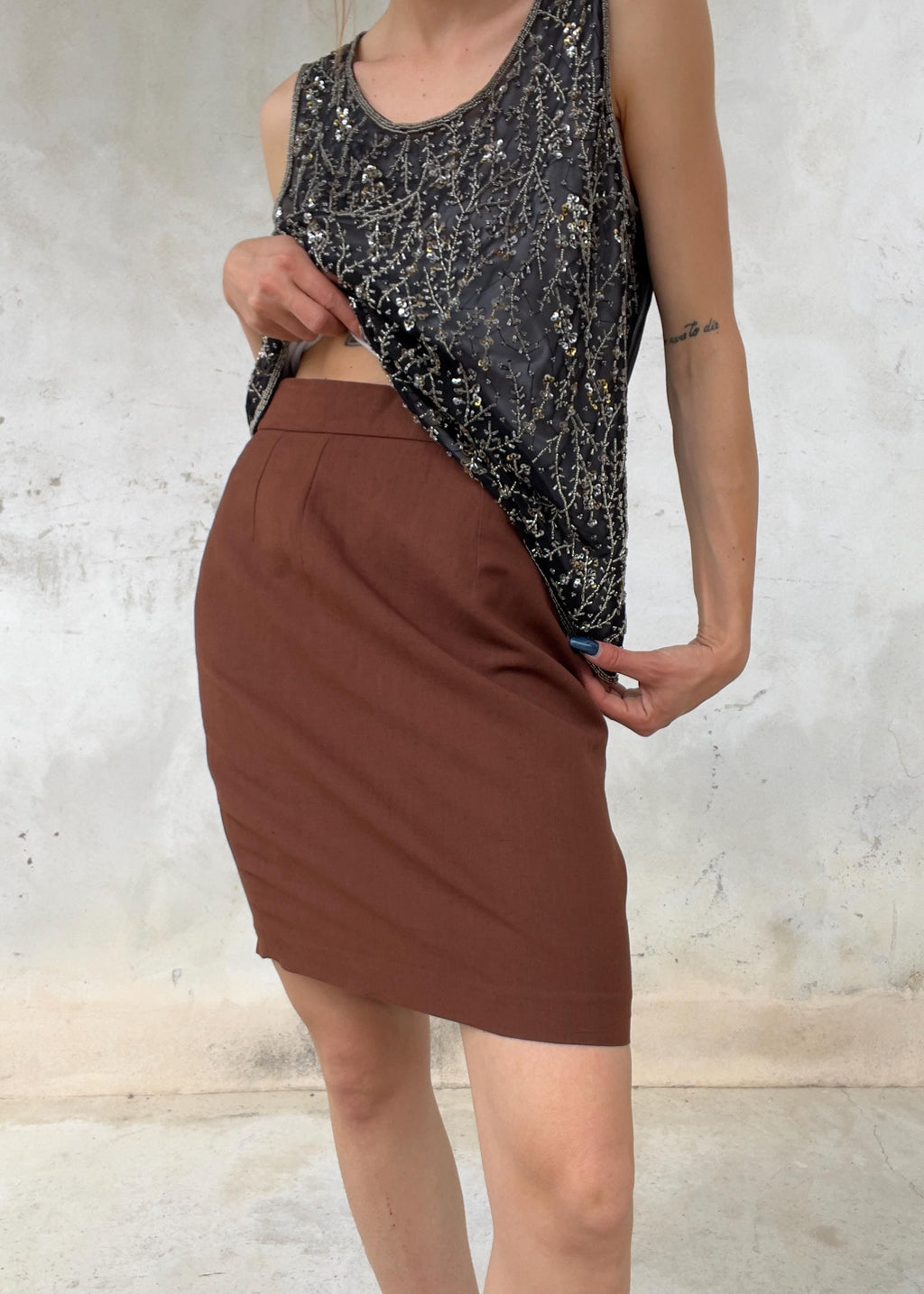 Gonna Vintage Anni 90 Marrone in Misto Lino