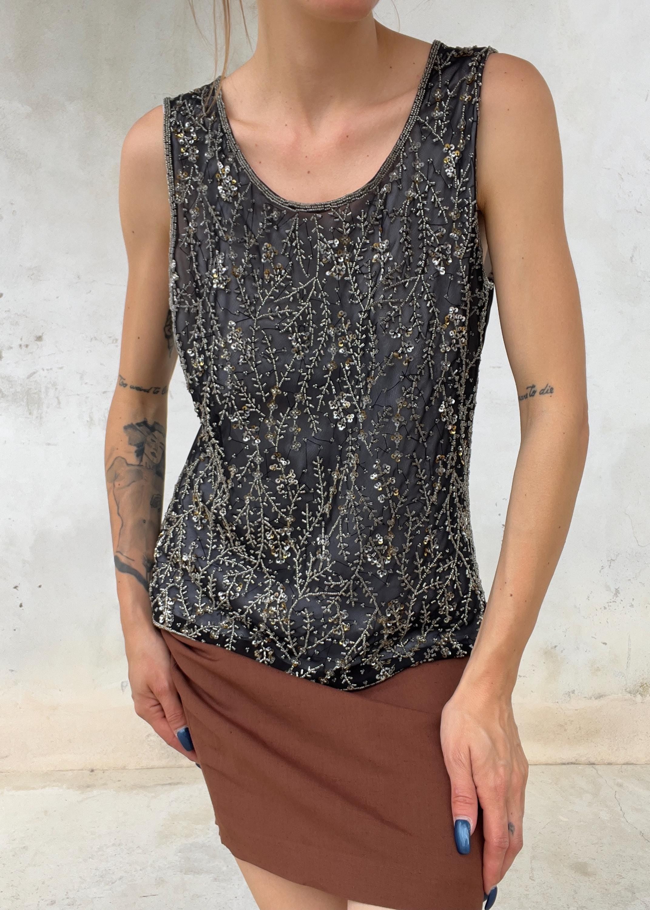 Top Vintage Anni 90 in Tulle Nero Ricamato