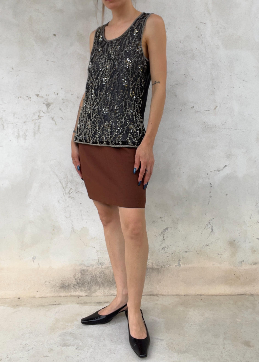 Top Vintage Anni 90 in Tulle Nero Ricamato