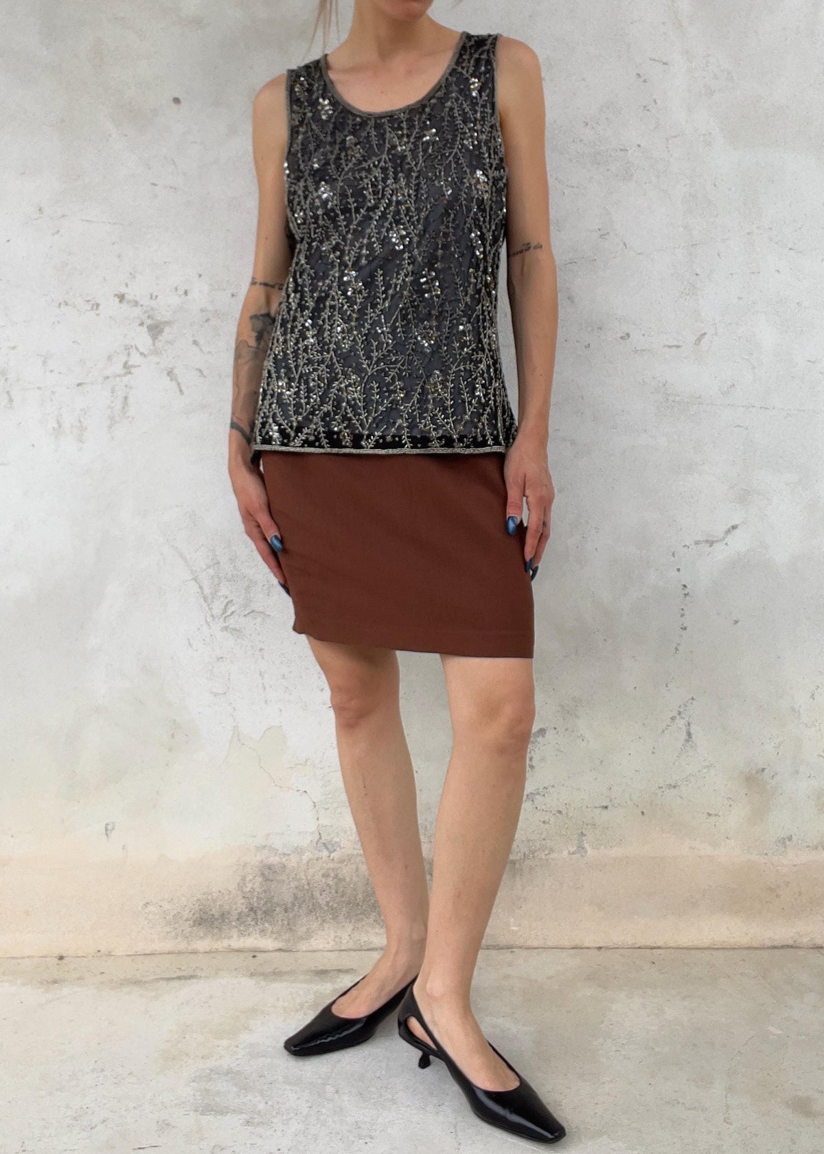 Top Vintage Anni 90 in Tulle Nero Ricamato