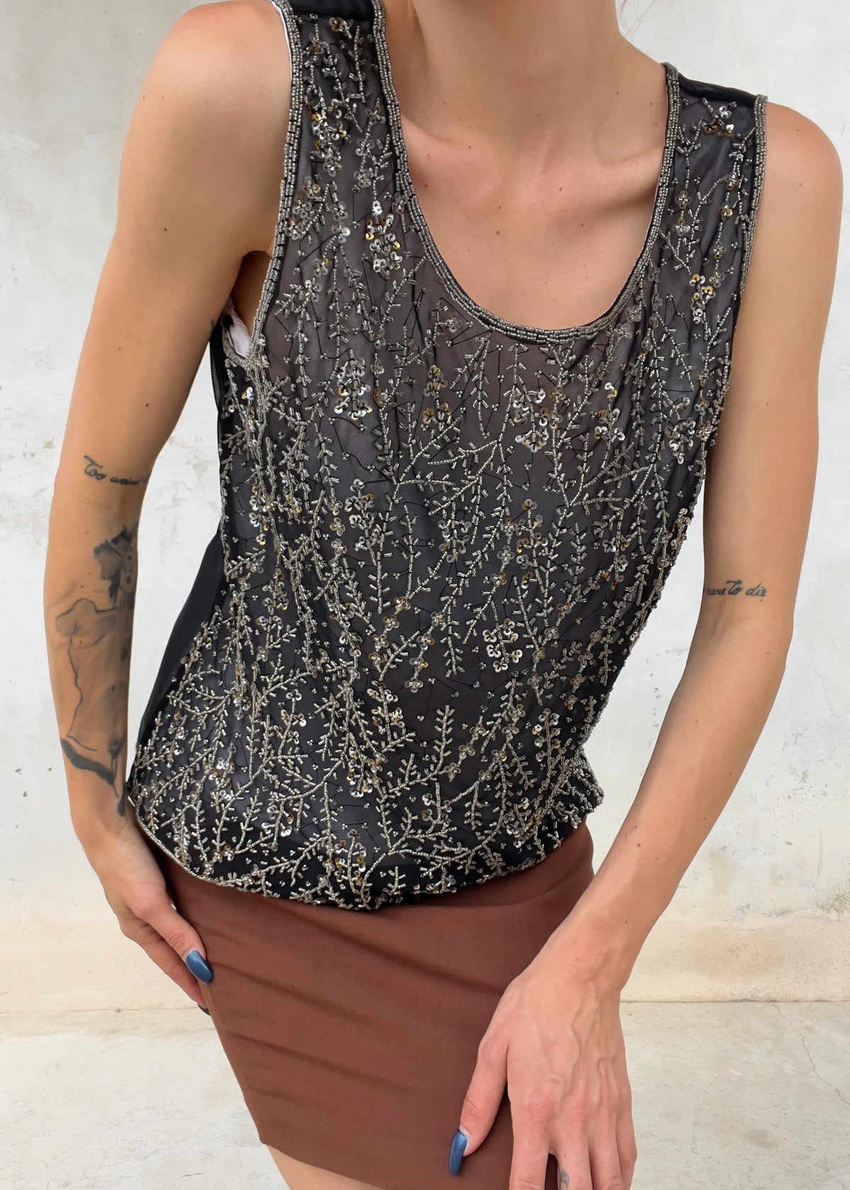 Top Vintage Anni 90 in Tulle Nero Ricamato