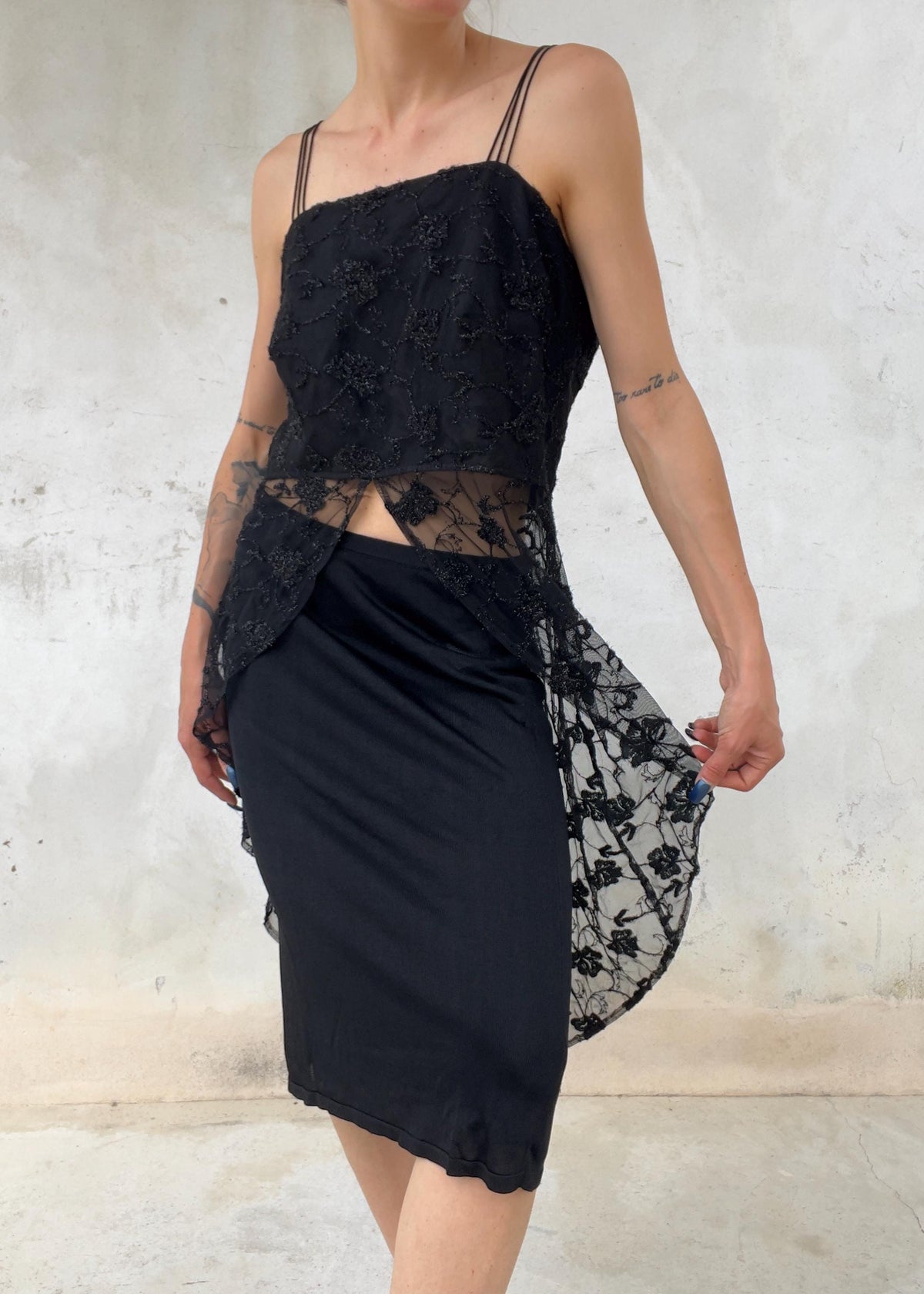 Top Vintage Y2K in Mesh e Pizzo Nero