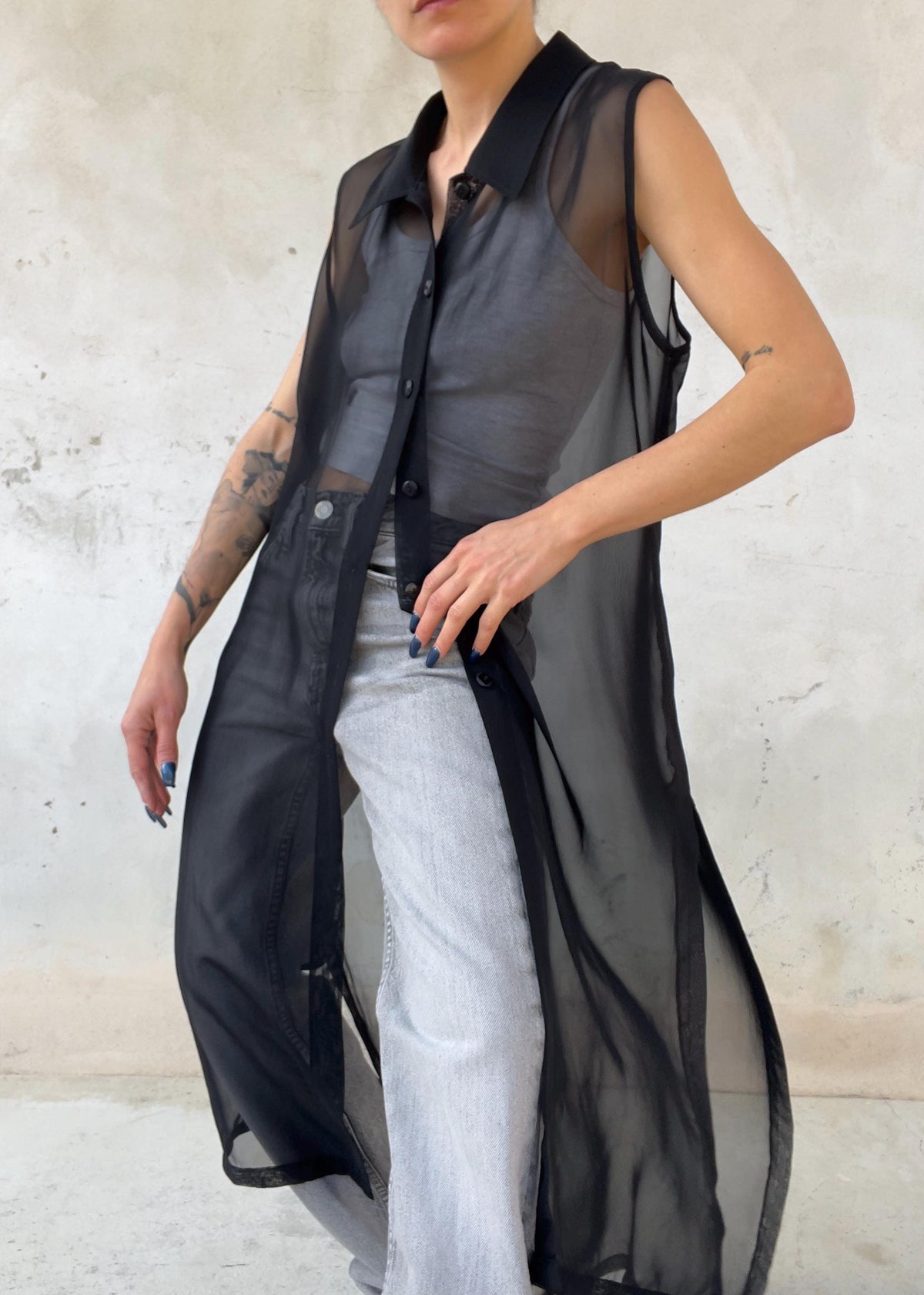 Gilet Lungo Vintage 90s Nero Sheer