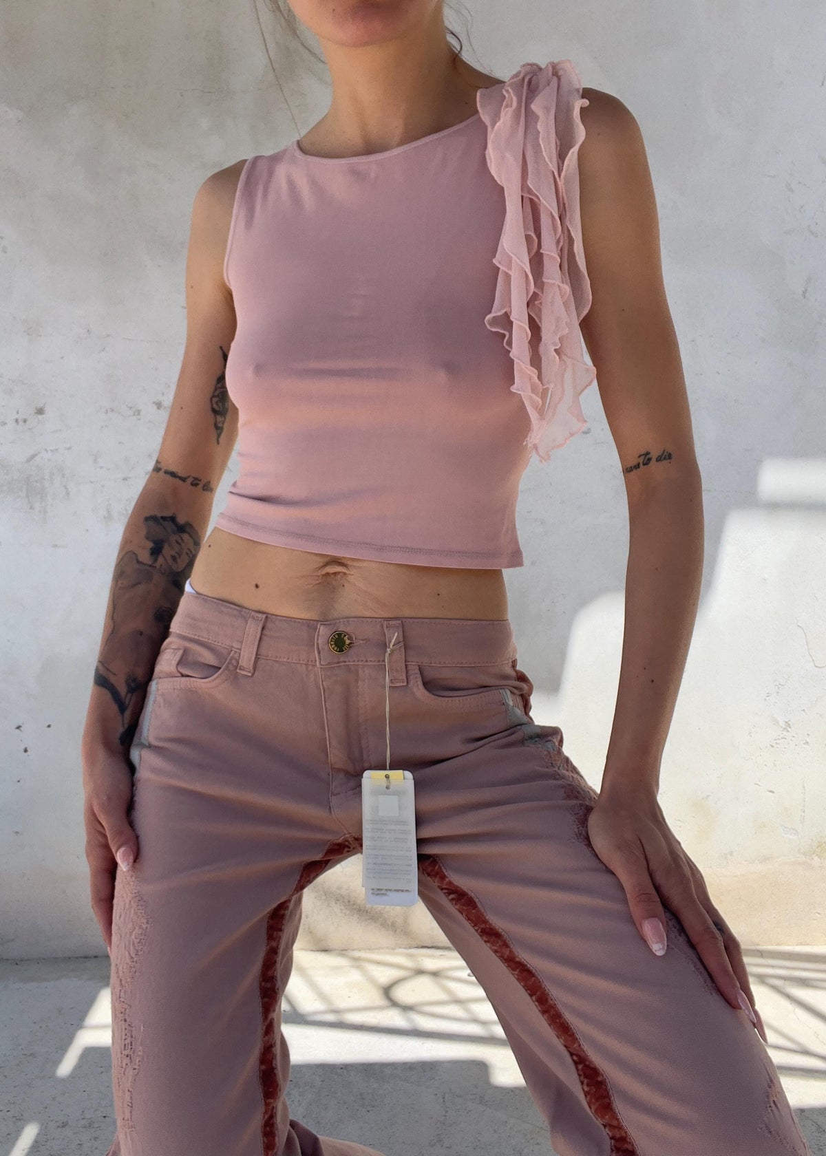 Top Vintage Y2K Rosa Cipria con Rouches in Tulle