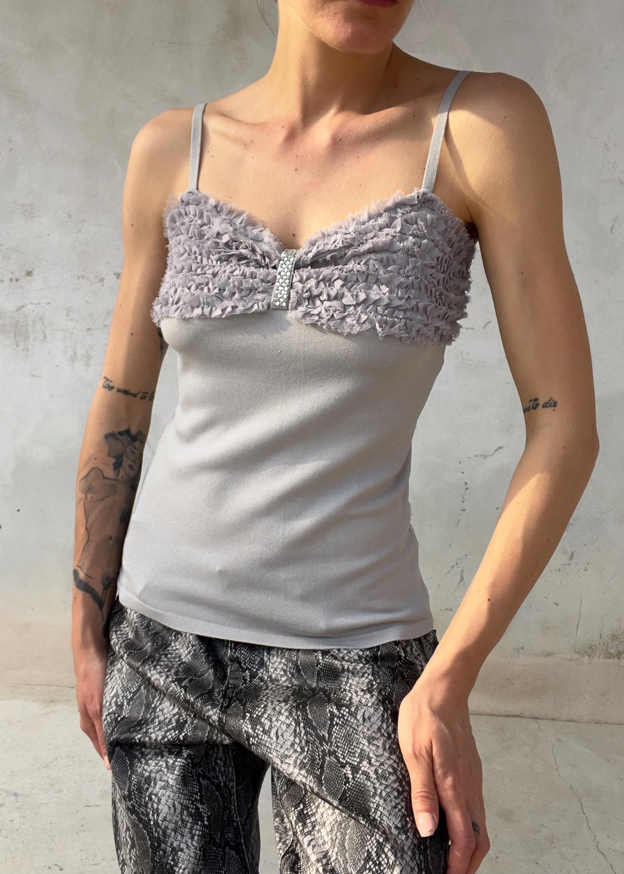 Top Vintage Y2K Grigio con Rouches e Cristalli