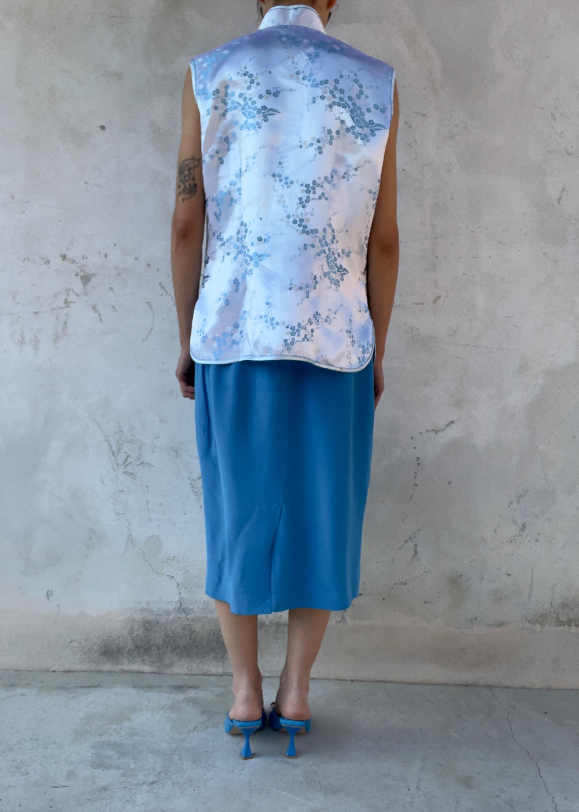 Top Cheongsam Vintage in Misto Seta Azzurro